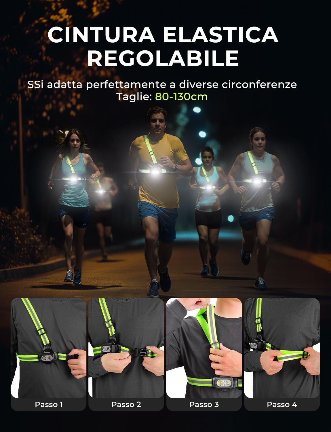 Detalle de Rolgno Luce Running con Strisce Riflettenti, 500 Lumen – USB ricaricabile, 7 modalità, 45° regolabile, IPX4