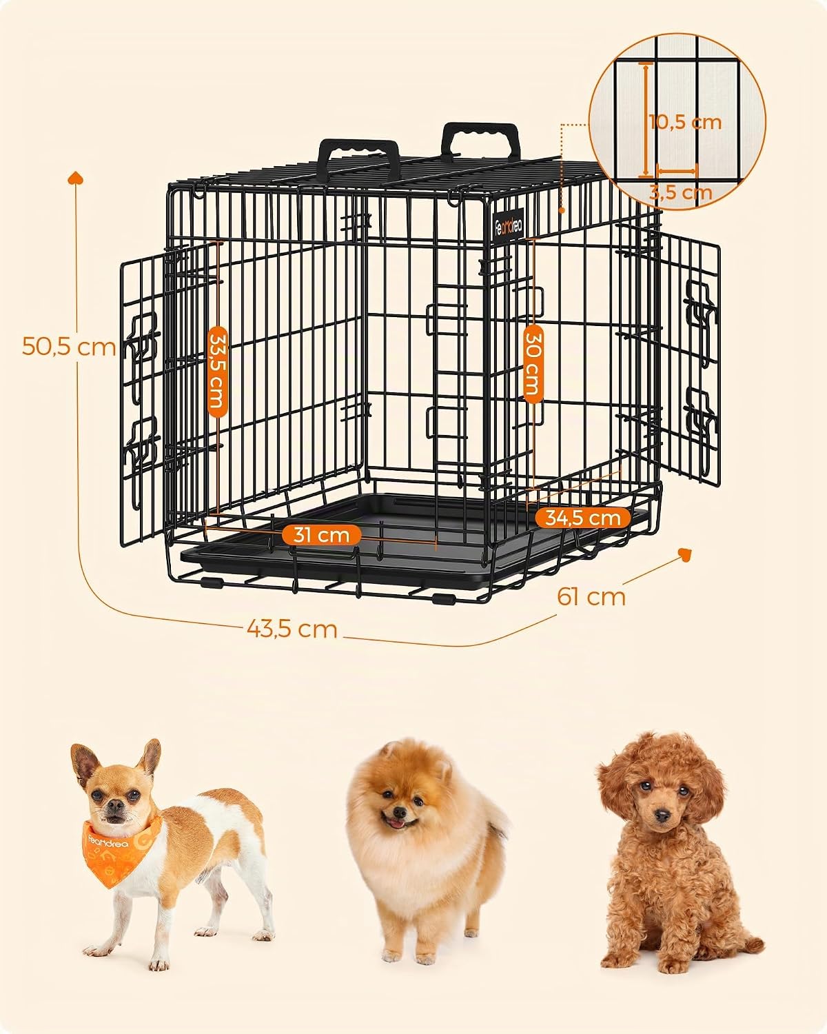 Detalle de Feandrea Gabbia per Cani Pieghevole XL 107 x 70 x 77,5 cm, 2 Porte, Vassoio Rimovibile – Nero PPD42H