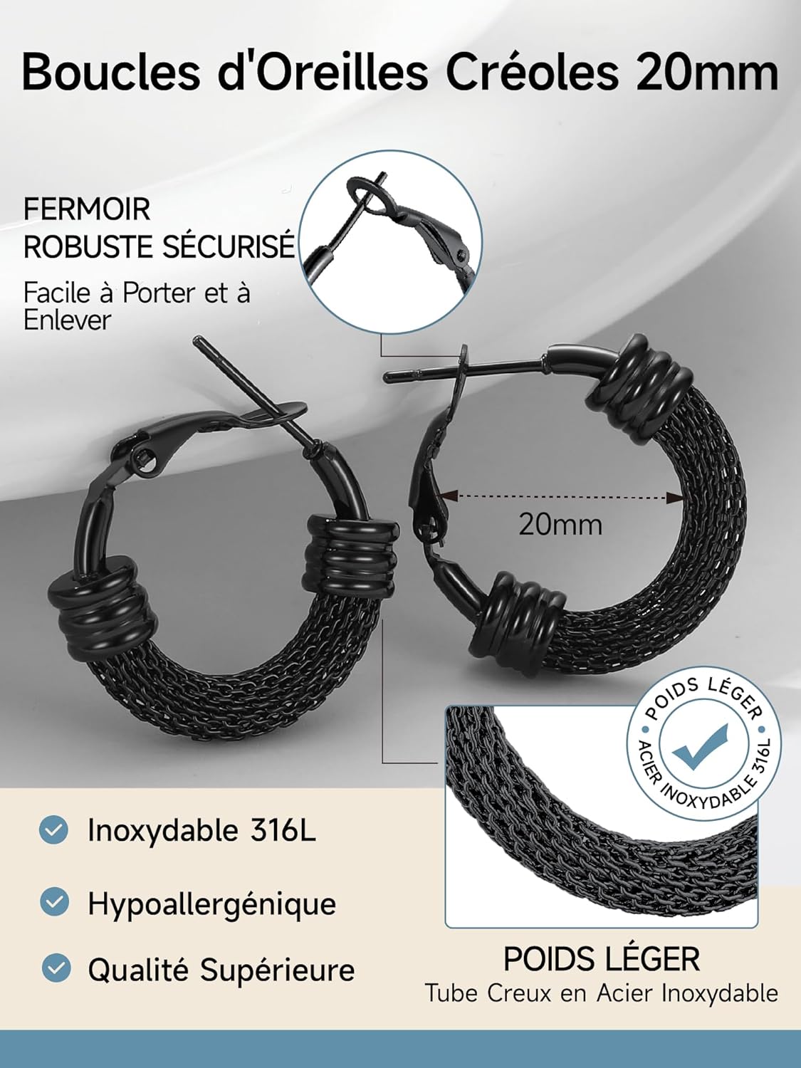 Thumbnail 3 de PROSTEEL Créoles en acier inoxydable 316L pour femme (anneaux de 20/30/40/60/80 mm) en plaqué or ou couleur noire
