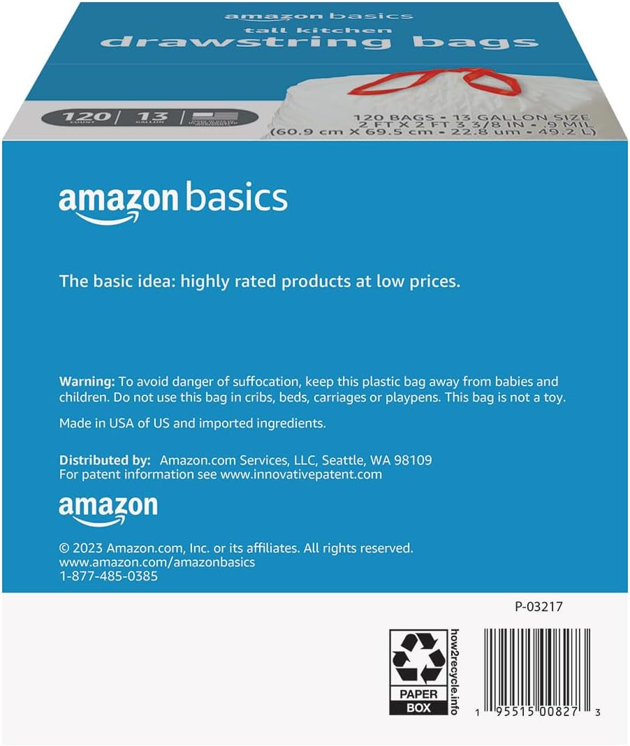 Thumbnail 1 de Amazon Basics 13-Gallon Drawstring Kitchen Trash Bags, 0.9 Mil Thick, 120 Count