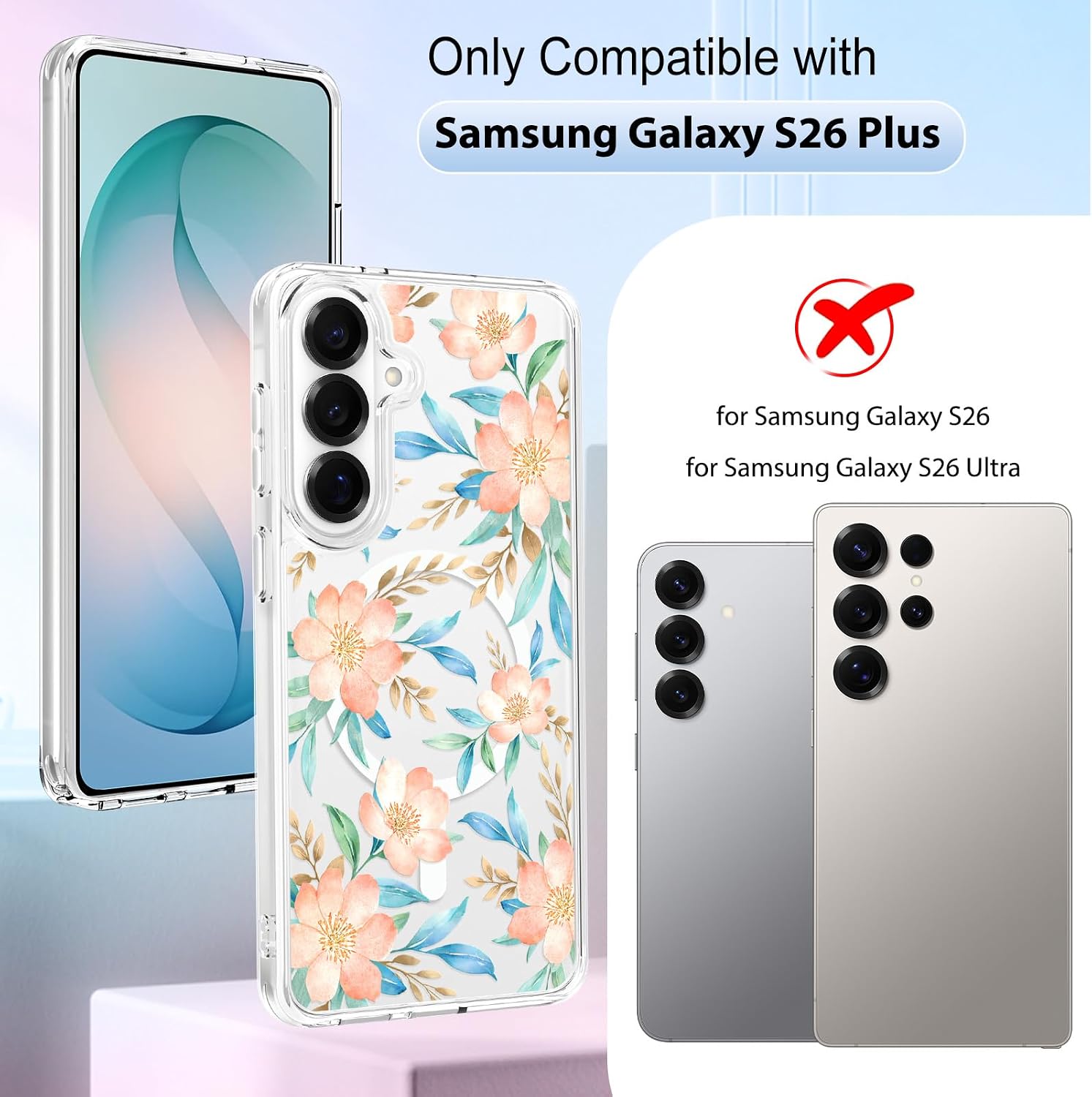 Detalle de OOK Magnetic Case for Samsung Galaxy S26 Plus, Clear Pink Floral