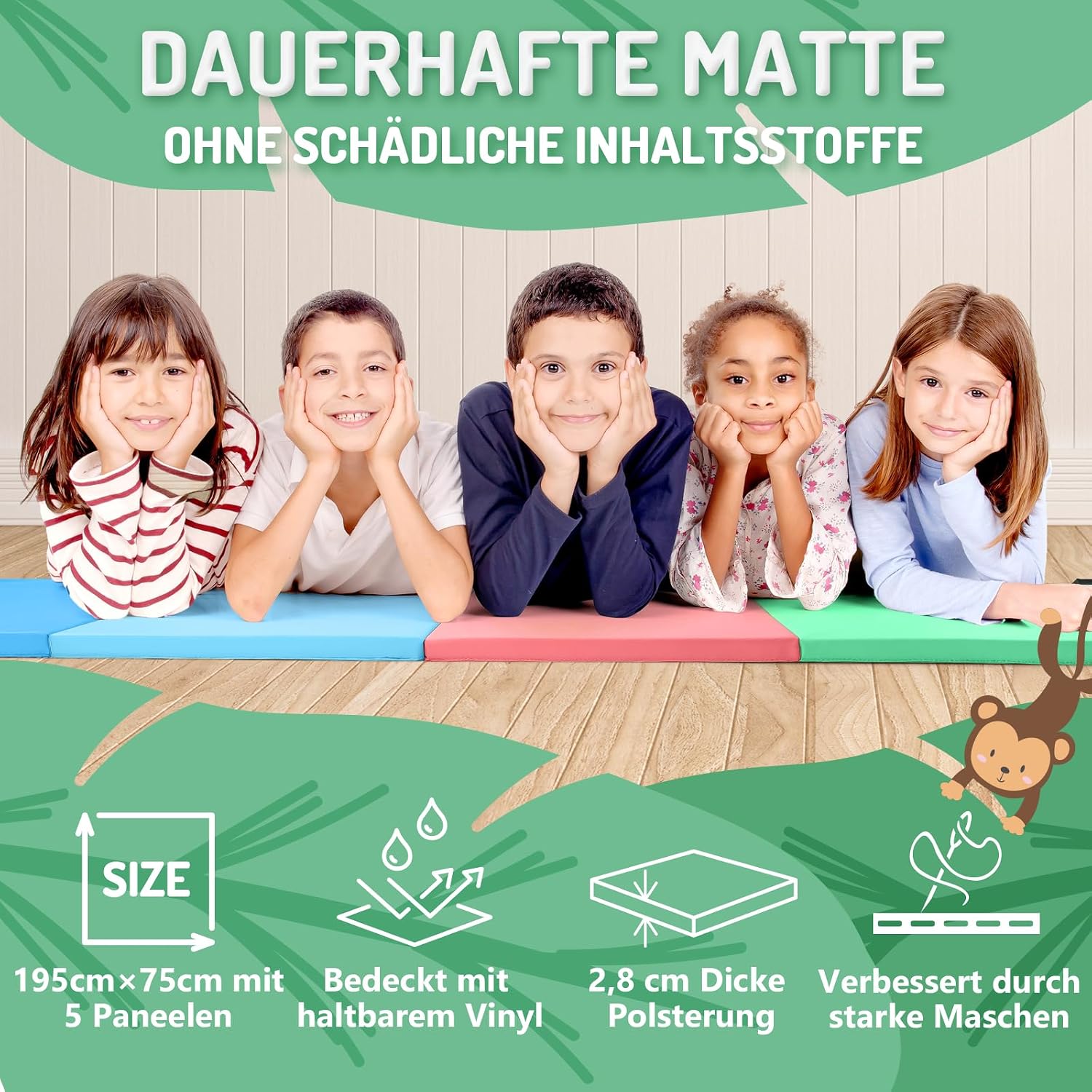 Detalle de PhysKcal klappbare Weichbodenmatte 195 x 75 x 3 cm (5 Paneele) für Turnen, Kinder & Gymnastik