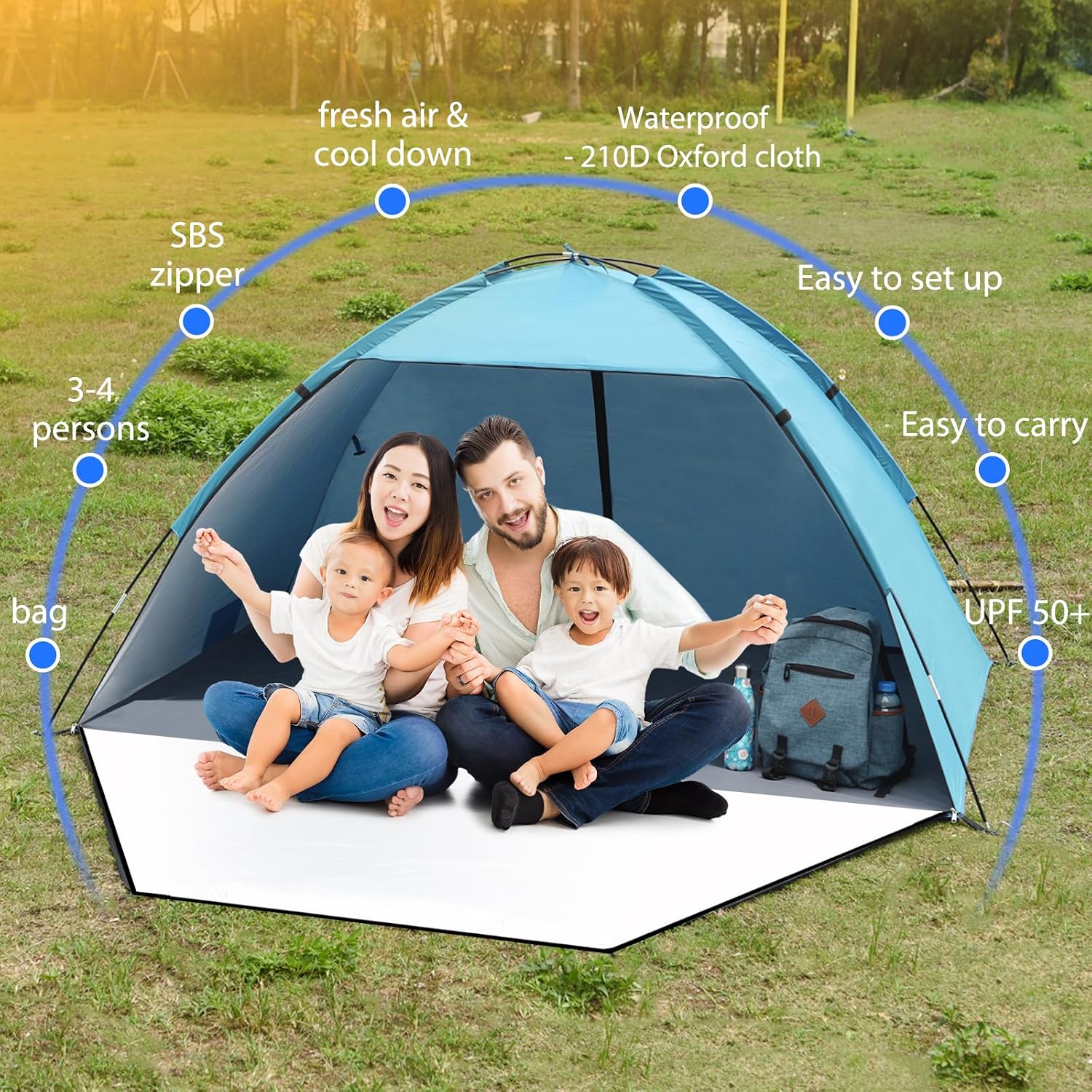 Thumbnail 6 de Beach Tent for 3–4 People: Portable UV‑50+ Sun Shelter with Porch