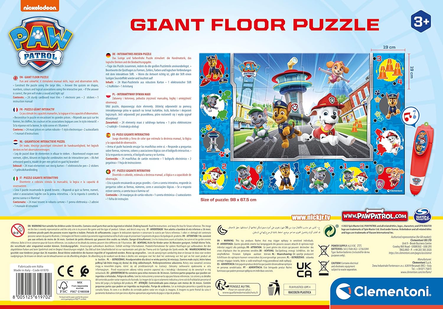 Detalle de Clementoni Quiz-Bodenpuzzle Paw Patrol 70x100 cm – Maxi‑Puzzle mit Stift für interaktives Lernen ab 3 Jahren
