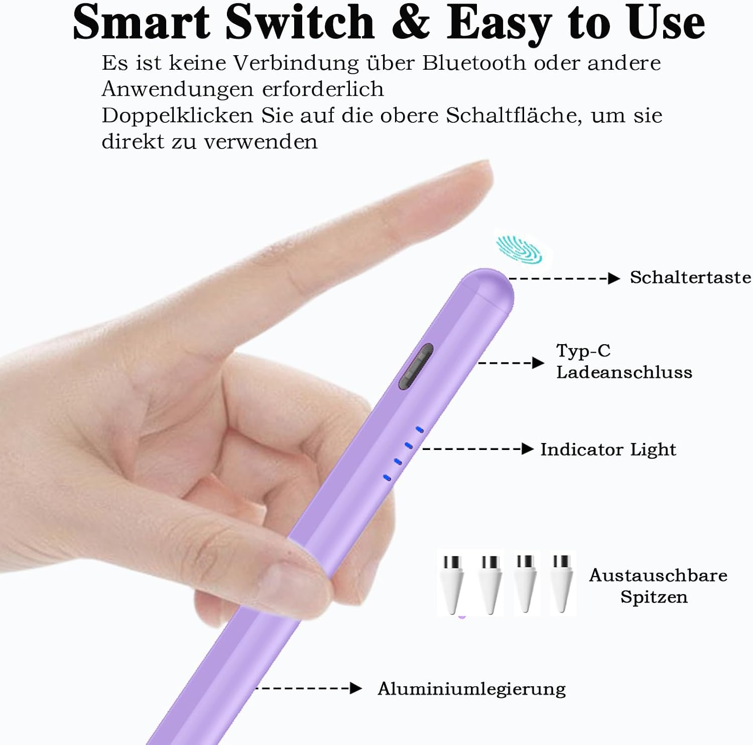 Detalle de Luntak Tablet Stift für Android (Type‑C) mit 4 Ersatzminen – lila Verlauf