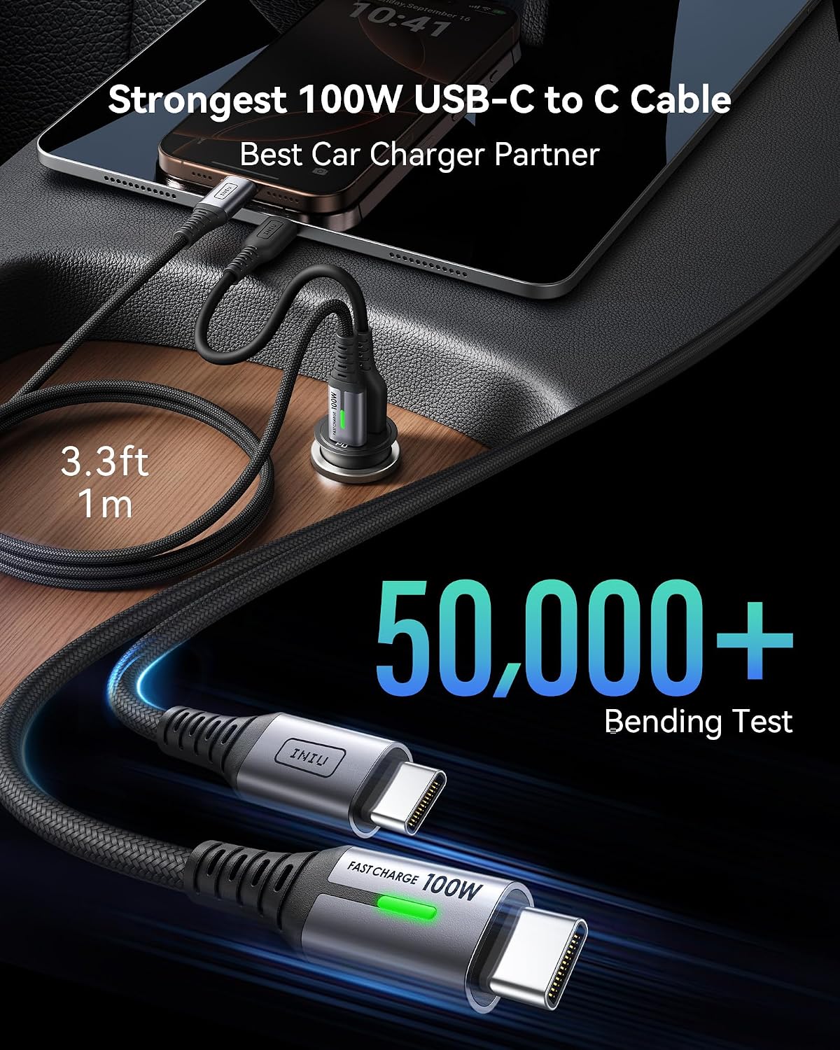 Detalle 2 de INIU Car Charger 60W with 100W 1m USB‑C cable