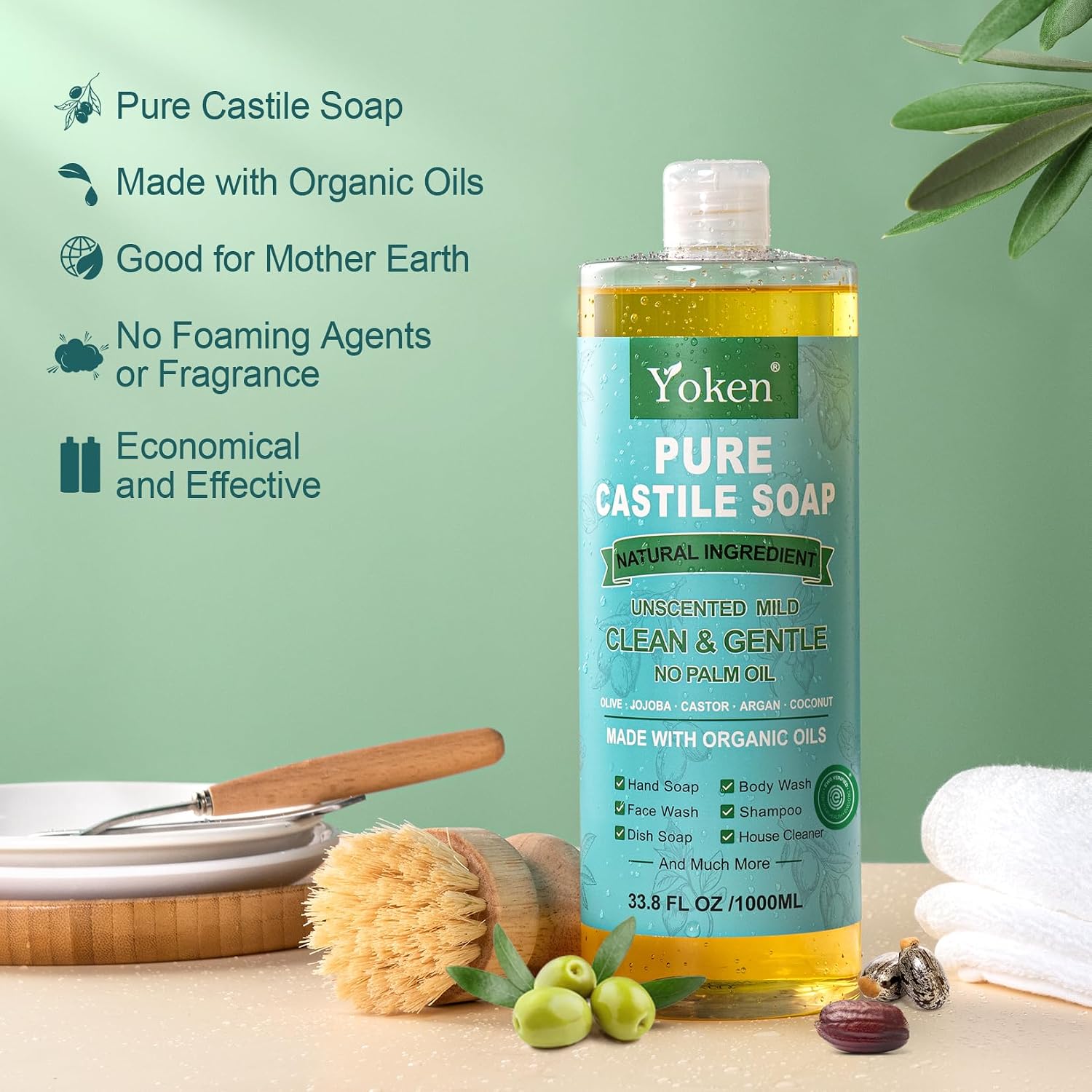 Thumbnail 1 de Yoken Pure Castile Liquid Soap – Unscented, 33.8 oz (1000 ml), EWG Verified + Organic Oils