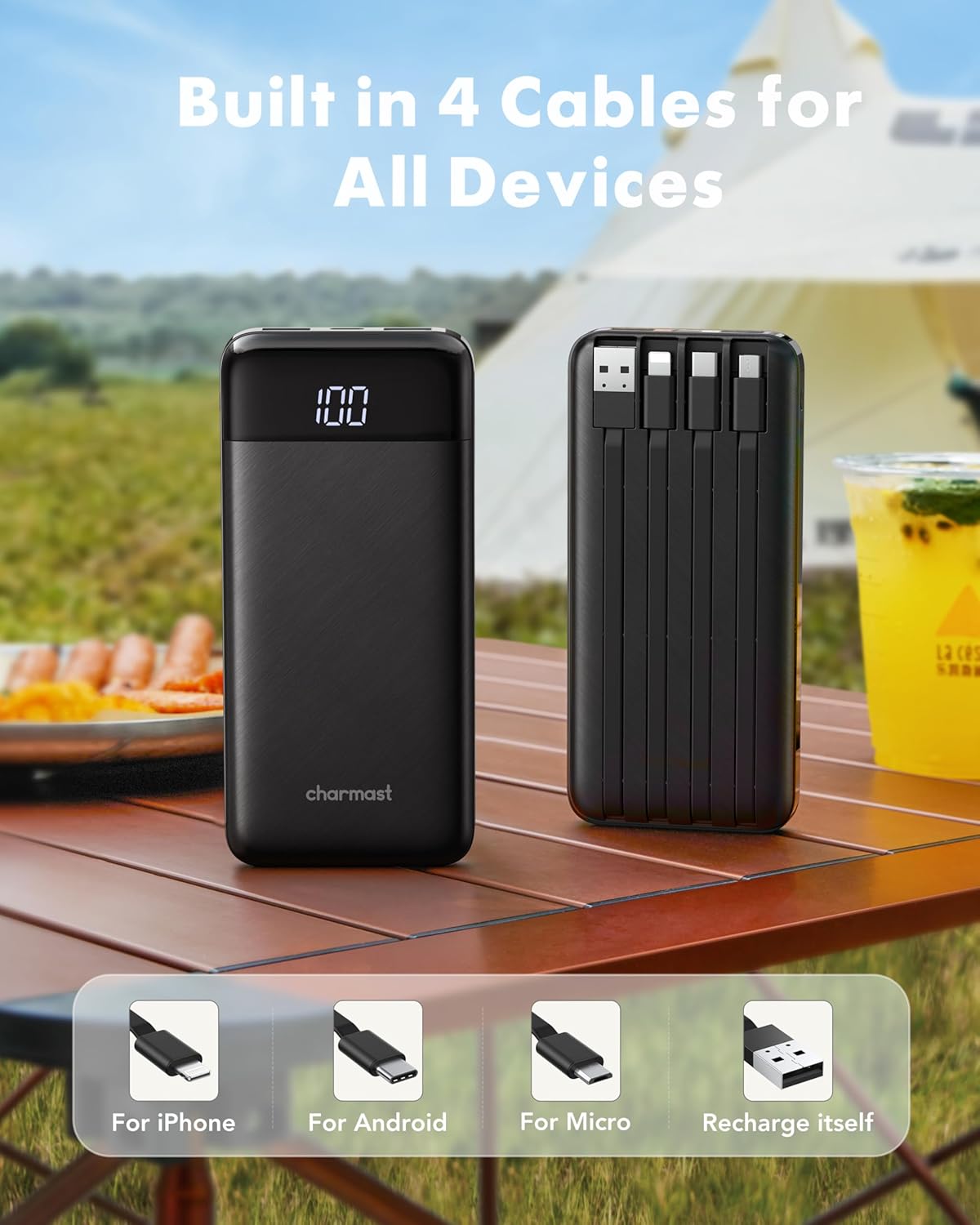 Thumbnail 1 de Charmast Power Bank with Built in Cables X 4, 10000mAh – 6 Outputs, LED Display, USB-C/Micro USB/iPhone Adapters