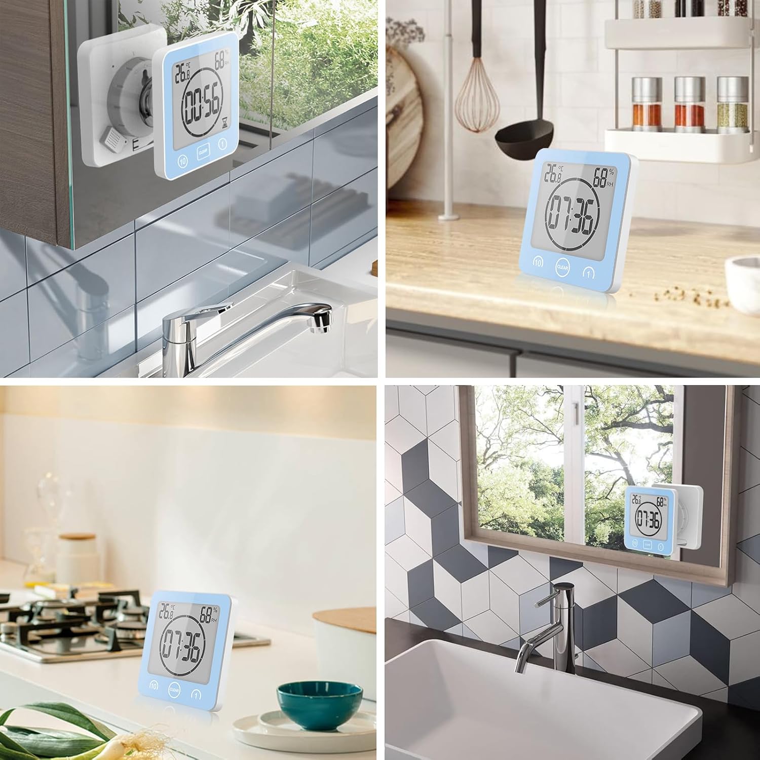 Thumbnail 5 de Horloge de salle de bain / douche tactile étanche avec alarme numérique LCD, thermomètre-hygromètre et minuterie (bleu)