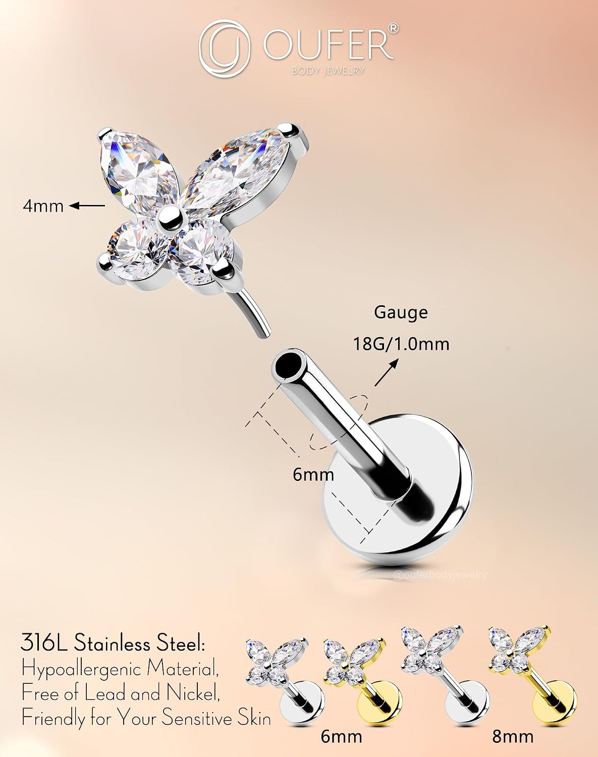 Detalle 2 de OUFER Boucles piercing lèvres 18G 6/8mm