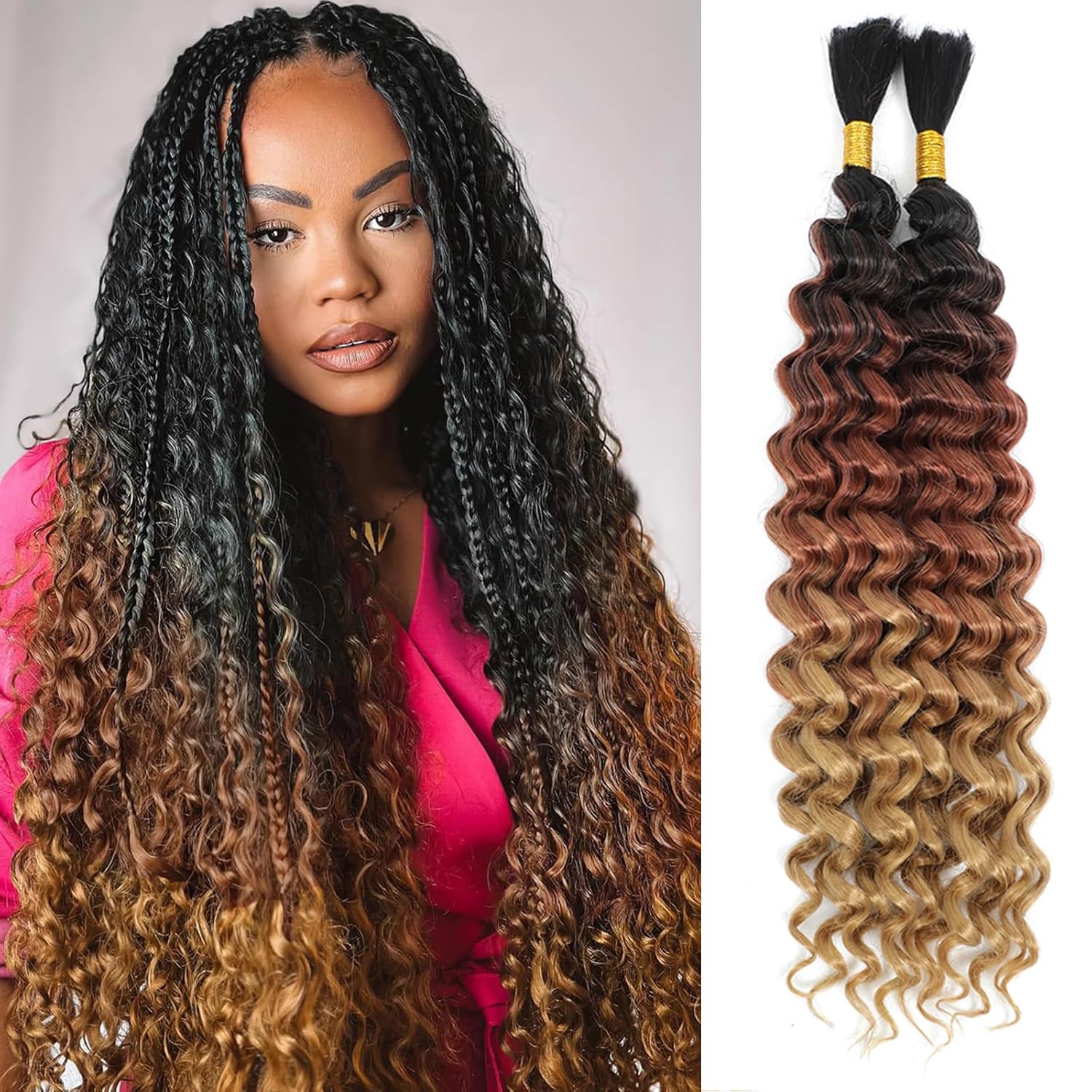 Detalle de BLTYXT Deep Wave Bulk Hair 18 Inch – 6 Bundles synthetische Crochet- Braids T1B-30-27