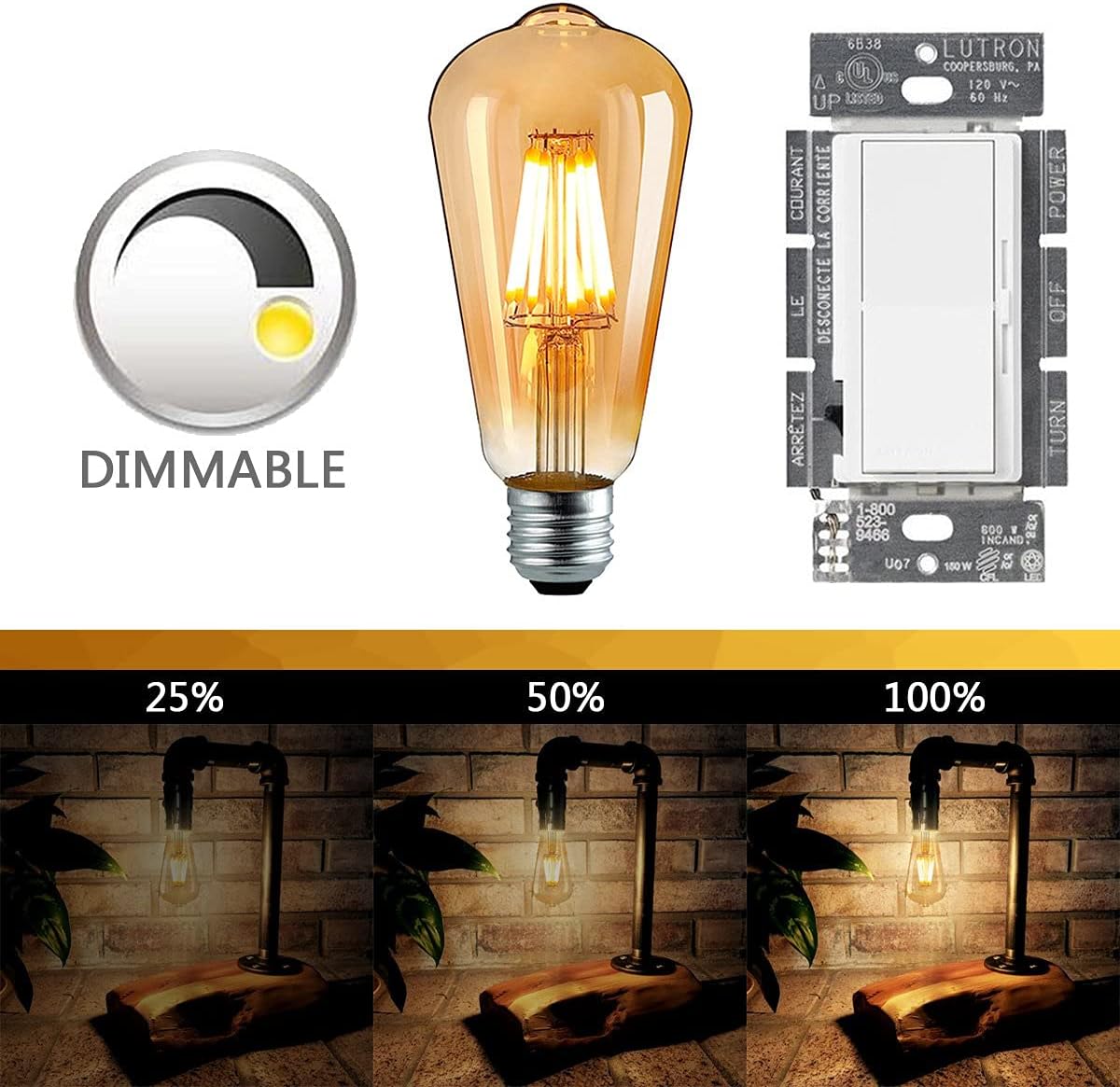 Detalle de NUODIFAN Edison Vintage dimmbar LED-Glühbirne E27, 3er-Set (8 W, 800 lm, warmweiß)