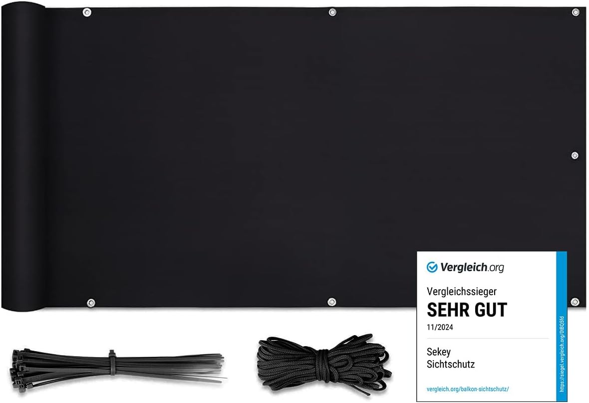 Detalle de Sekey Balkon Sichtschutz 75 x 600 cm (schwarz) – blickdichtes Wind- und UV-Schutzgewebe mit Ösen