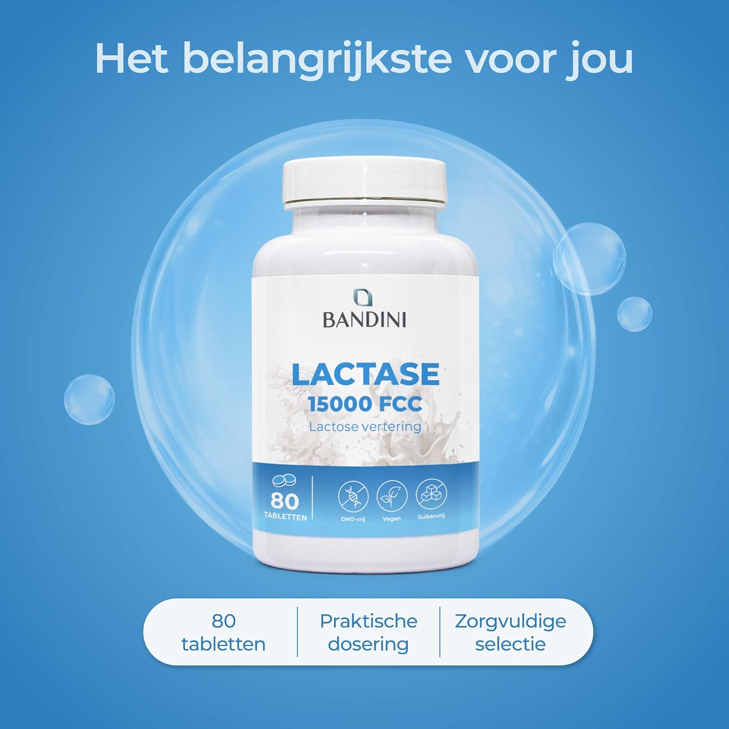 Detalle de BANDINI Lattasi lactasetabletten, 15.000 FCC, 80 stuks, langzame afgifte