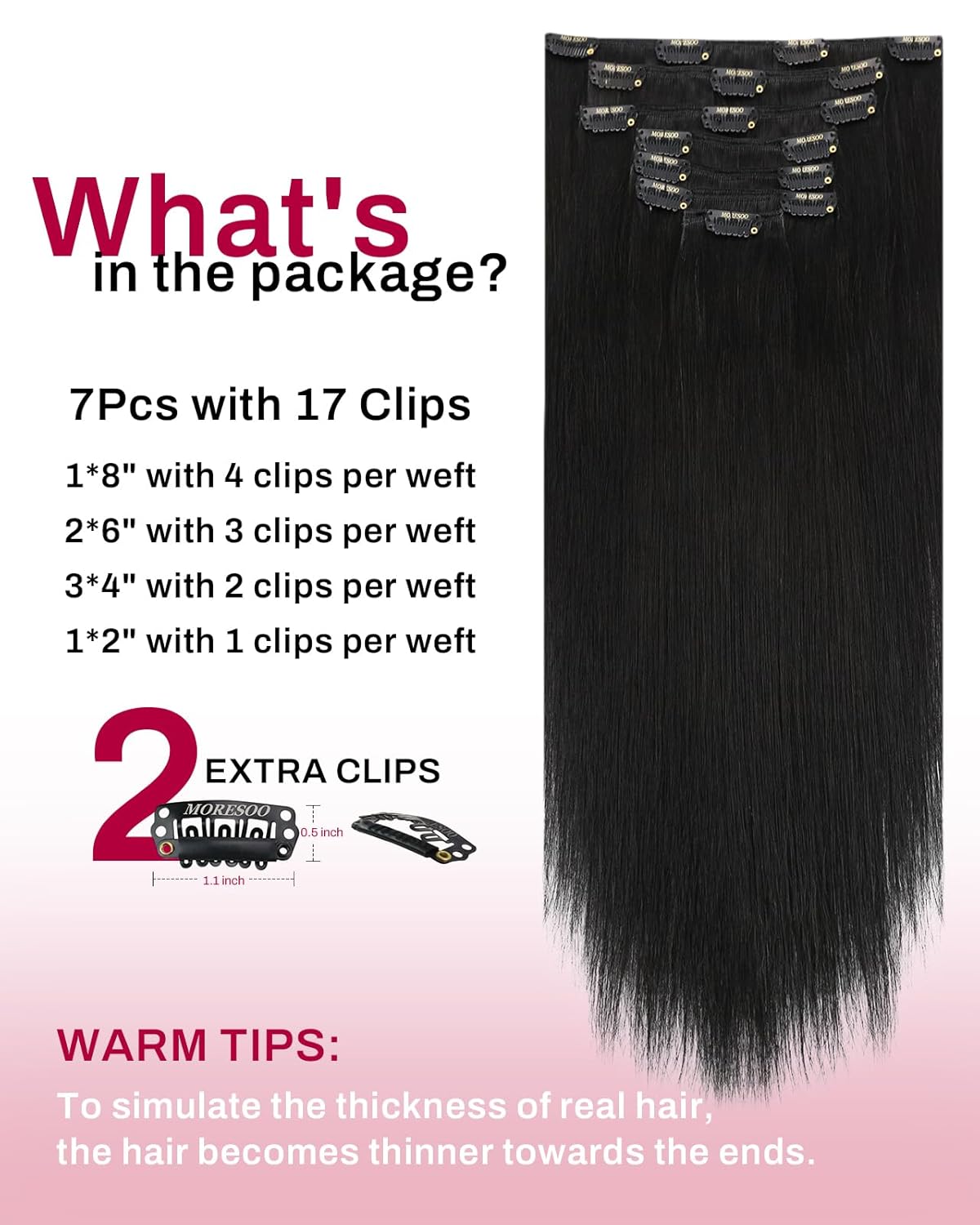 Thumbnail 2 de Moresoo Black Clip-in Hair Extensions Real Human Hair, 120g/7pcs, 20 Inch