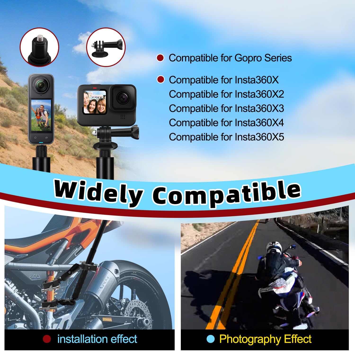 Detalle de Metal Motorcycle Mount Kit with 47” Invisible Selfie Stick for Action Cameras