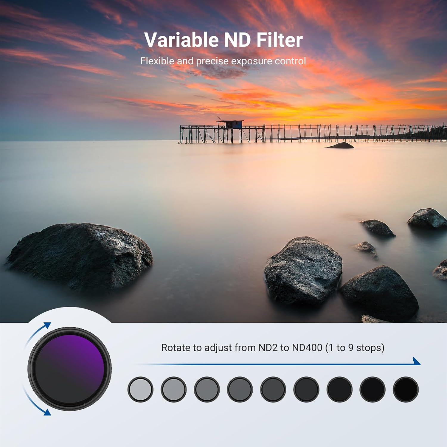 Detalle de NEEWER 58mm Variable ND + CPL + UV Filter Kit (3 Pack) for 58mm Lenses