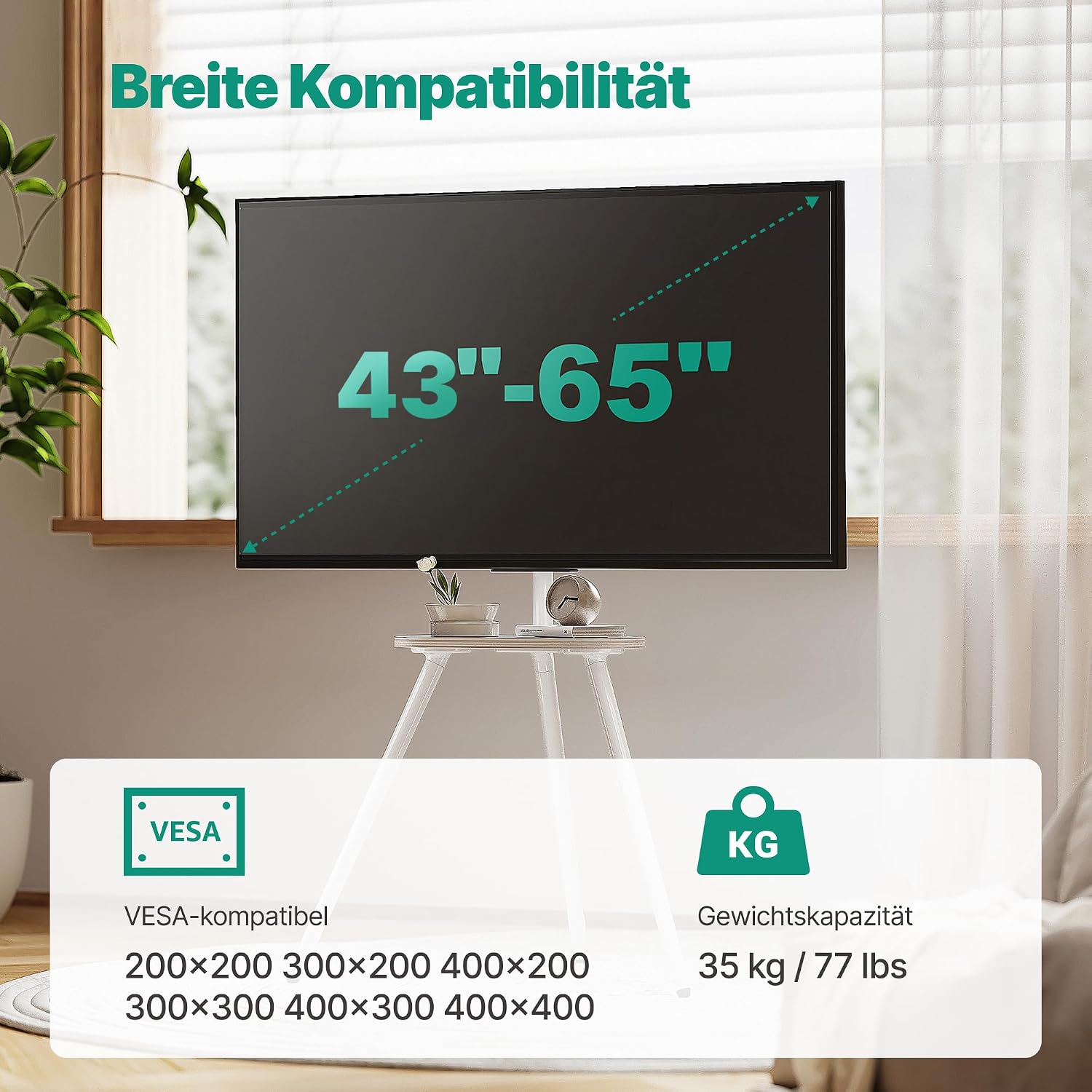 Detalle de ECOTINY Easel TV-Ständer: Höhenverstellbar, schwenkbar und stilvoll für 43–65 Zoll