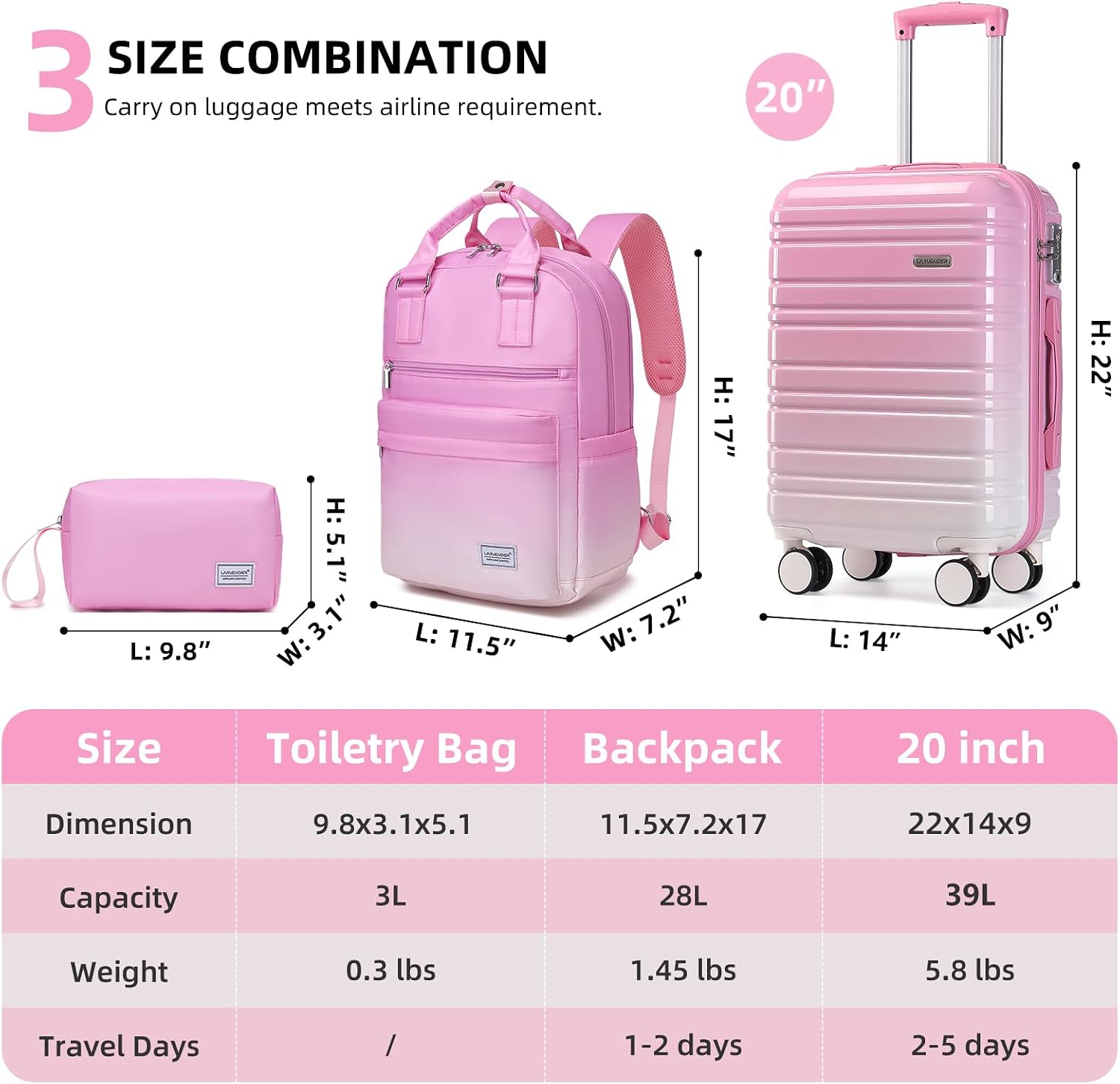 Thumbnail 3 de LARVENDER Carry-On Luggage 22x14x9 with Wheels, TSA Lock — 3-Piece Set (Peach Sparkling)