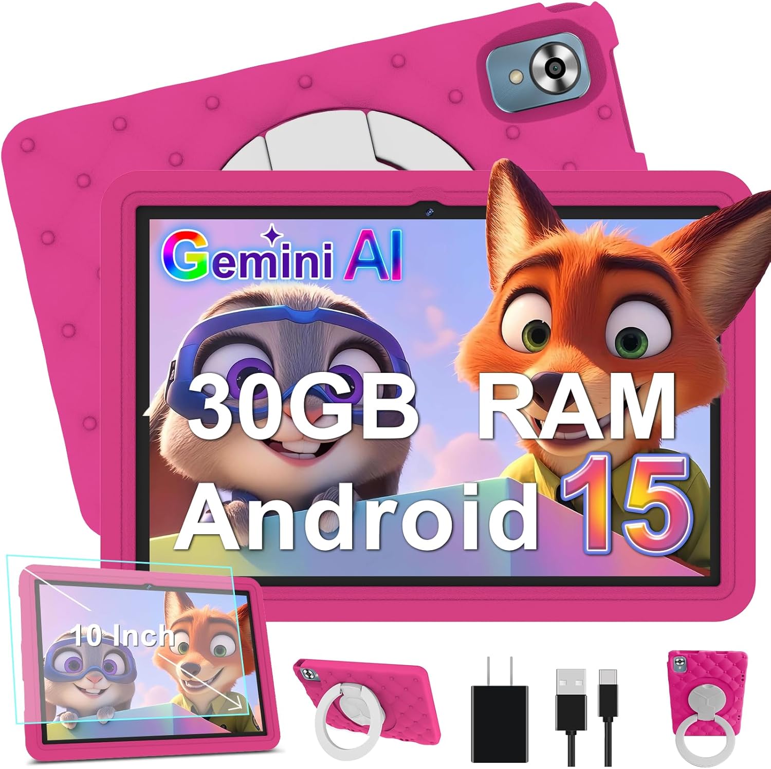 Detalle de DMOAO Kinder Tablet 10 Zoll – Android 15, 30 GB RAM, 64 GB ROM, Erweiterbarer Speicher bis 2 TB, 360° Ständer, EVA Schutzhülle