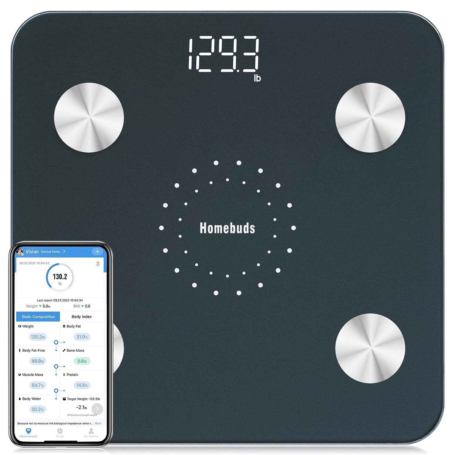 Detalle de HOMEBUDS HB902 Smart Bathroom Scale, Body Composition App, Blue, 400 lb