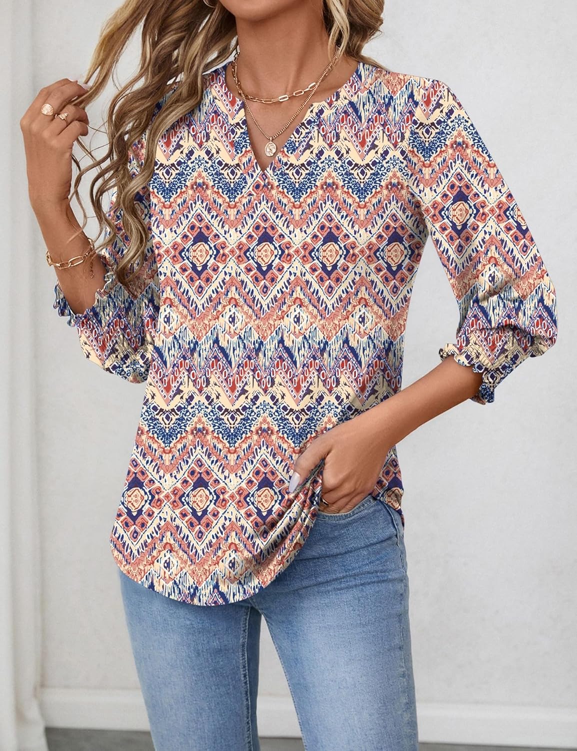 Thumbnail 2 de Rapbin Damen Bluse mit 3/4-Ärmeln und V-Ausschnitt – Tunika im Blumenmuster mit leichtem Stoff