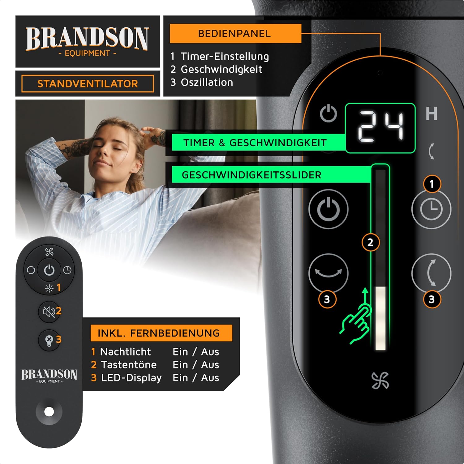 Detalle de Brandson 3D Standventilator mit ECO DC Motor – extrem leise, 24 Geschwindigkeiten und flexible Oszillation