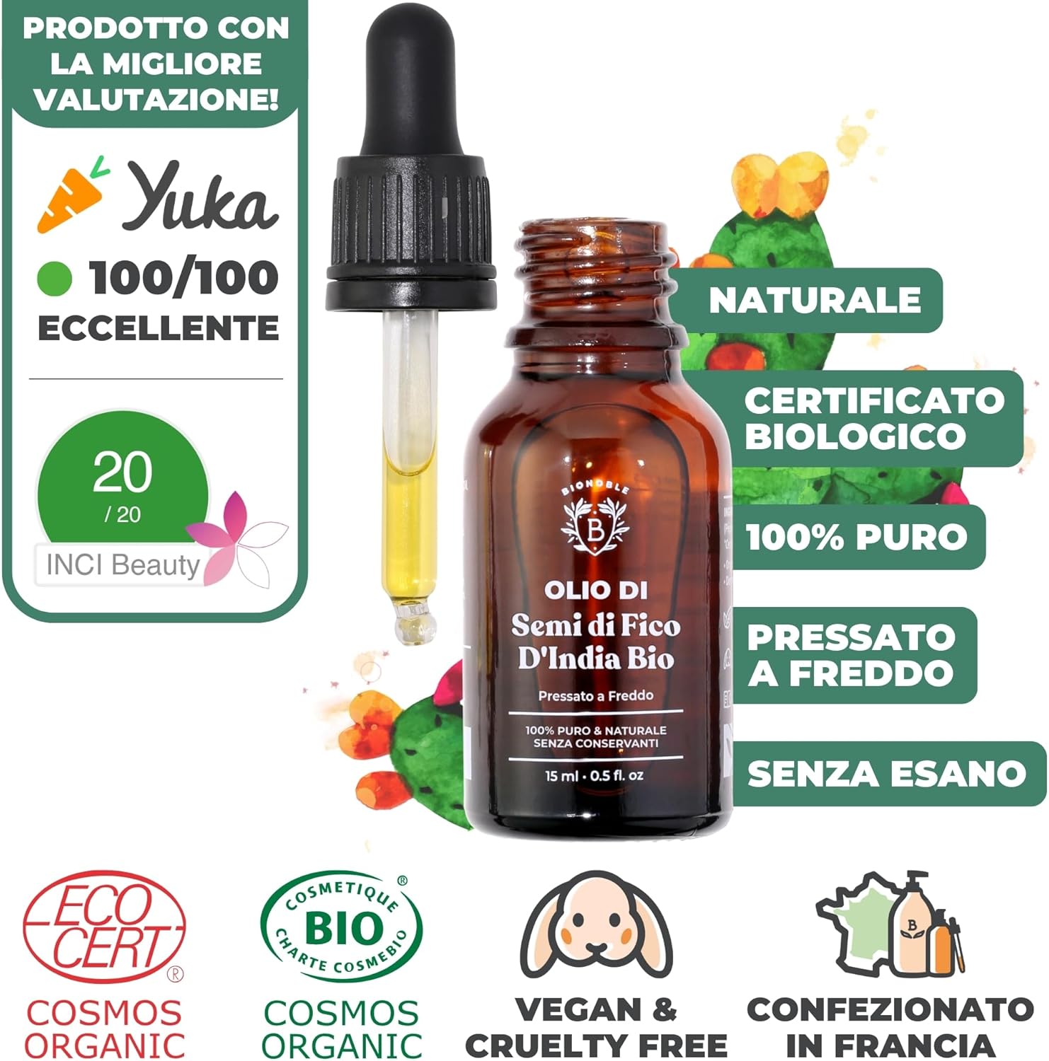 Thumbnail 1 de BIONOBLE Olio di Semi di Fico d'India Bio – 15 ml, Pressato a Freddo, Puro e Biologico