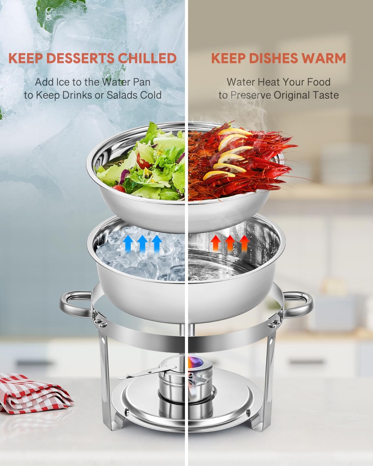 Detalle de Wilprep Chafing Dish Buffet Set of 4 (Round Stainless Steel) – 5L food warmer trays with lids