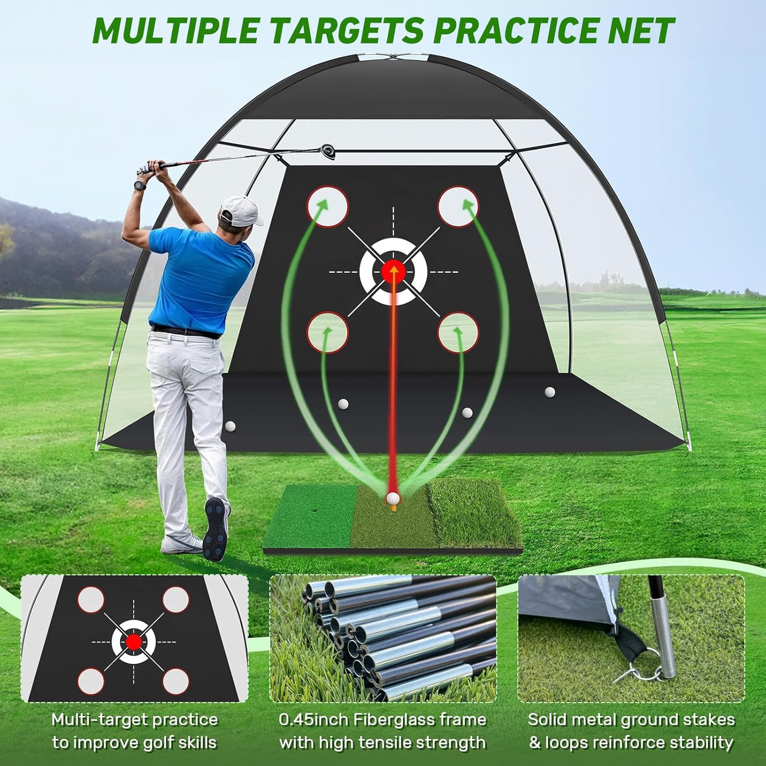 Thumbnail 1 de Zensouds Golf Net 10x7FT with Practice Mat – Indoor/Outdoor Hitting Aid with Targets