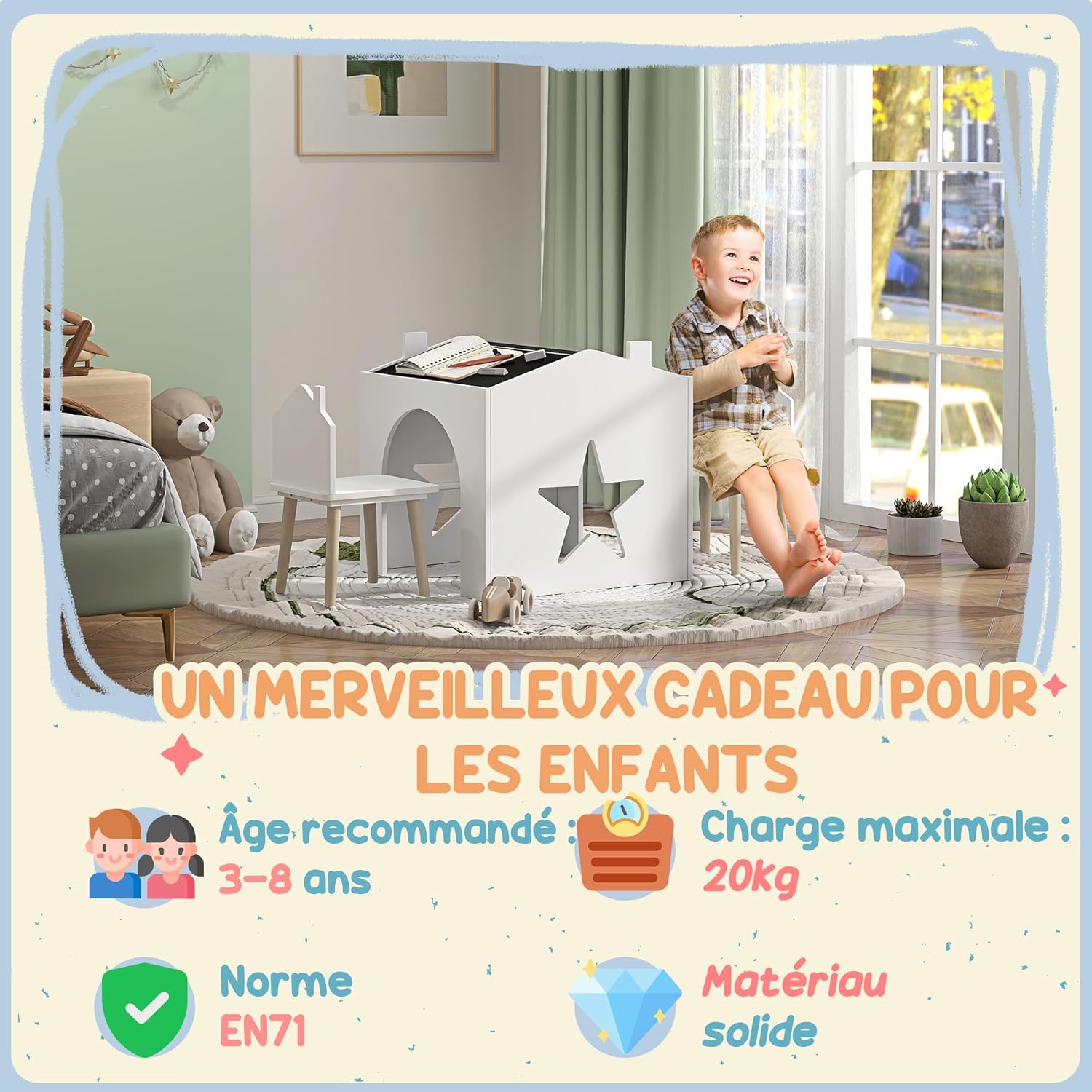 Detalle 2 de AIYAPLAY Ensemble table et 2 chaises 3 pièces pour enfants (3 à 8 ans) avec plateau tableau noir, blanc