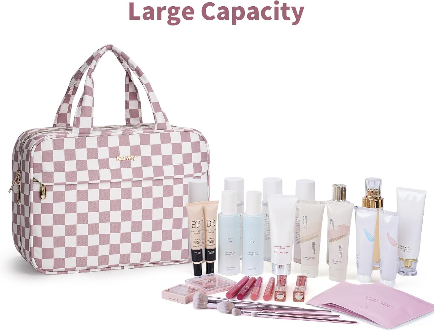 Detalle 1 de Narwey Large Hanging Toiletry Bag (Dusty Pink Checkerboard) – organised travel wash bag with hook and compartments