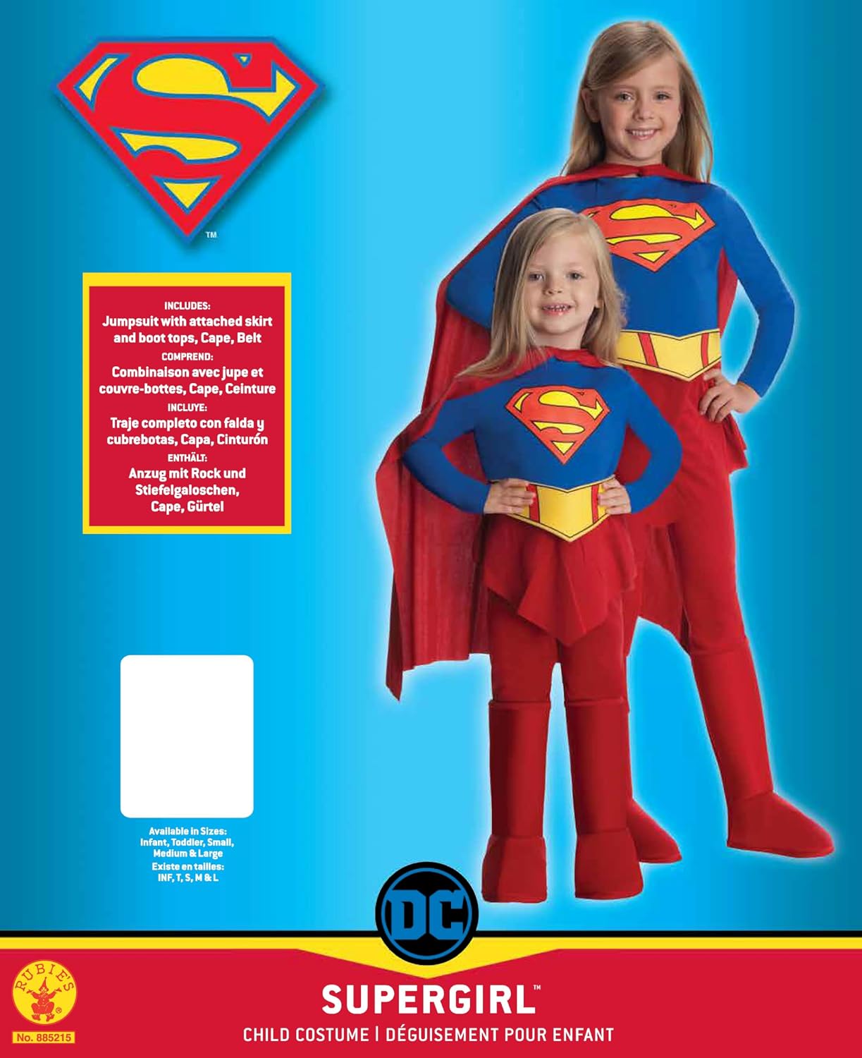 Detalle 2 de Rubies RU885215 Supergirl Costume for Kids with Cape and Belt