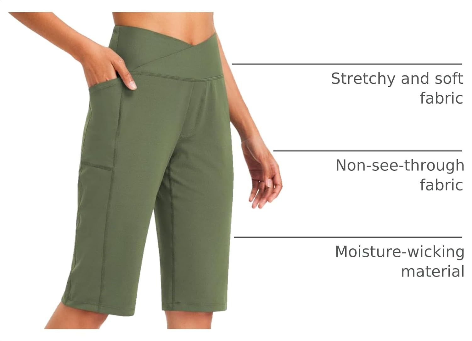 Detalle de Baleaf Women's Bermuda Long Shorts 14" Knee-Length Capris — High-Waisted, Pockets, Athletic Stretch