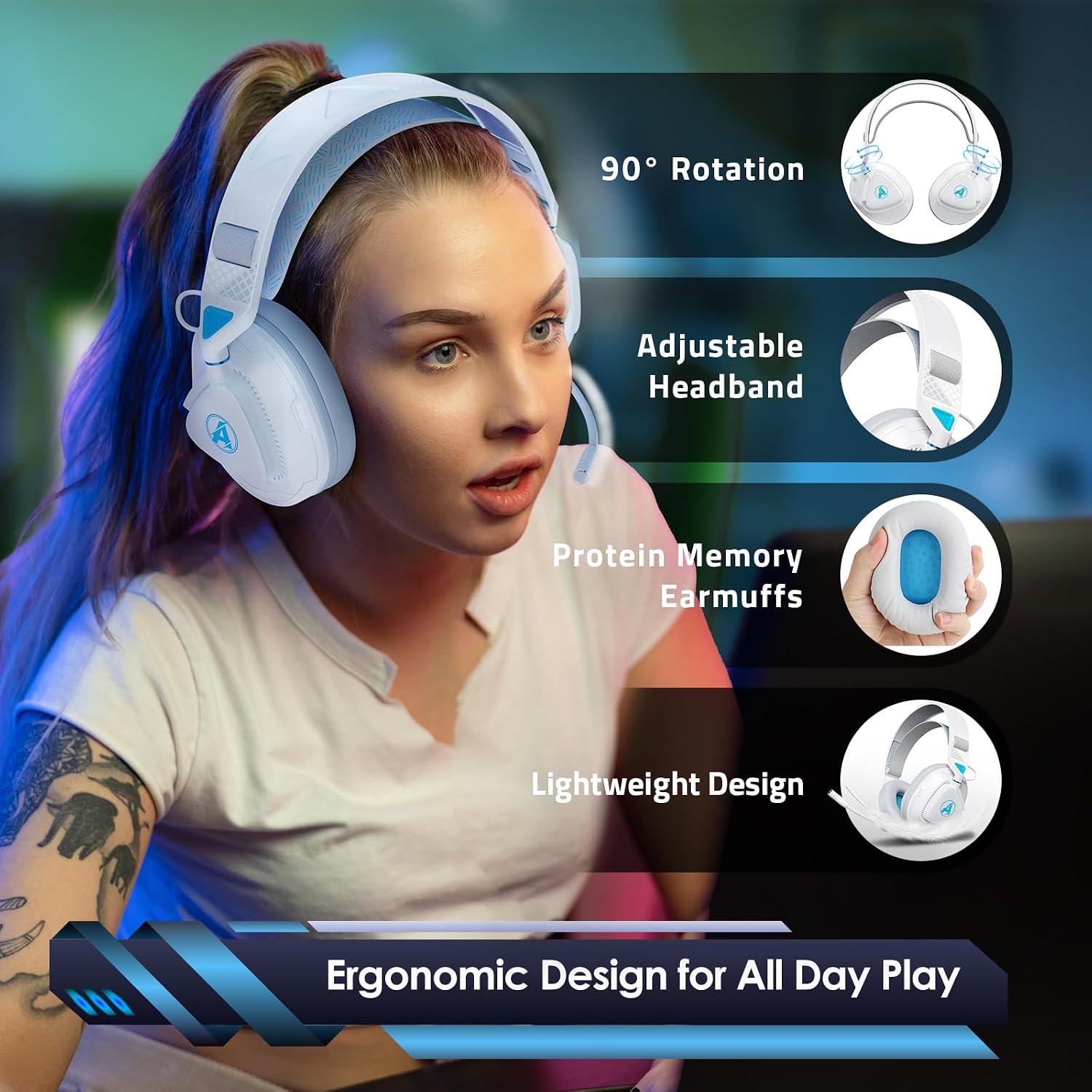 Detalle de Awinnasey PH3 Kabelloses Gaming Headset – 3D Surround, 50 Stunden Akku, Hellblau (PS5/PS4/PC)