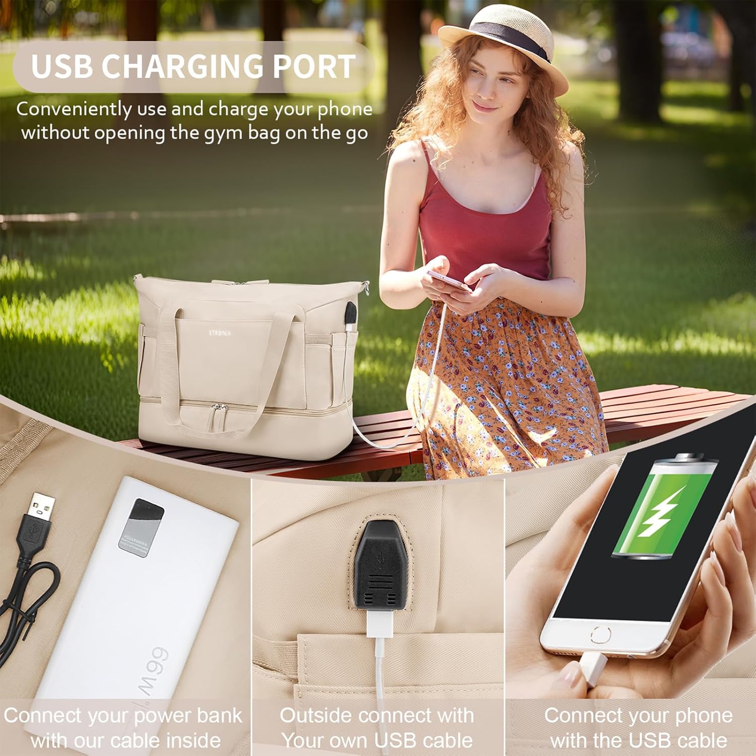 Detalle de ETRONIK Gym Bag Womens: Versatile 45x36x20cm Travel Duffel with Wet Pocket, Shoe Compartment and USB Charge