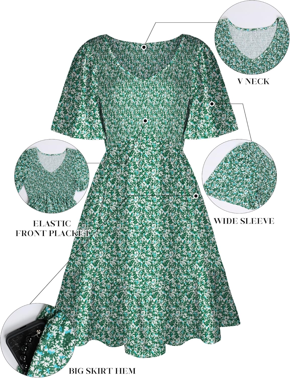 Thumbnail 6 de UEAL Floral Smocked V-Neck Sundress with Pockets