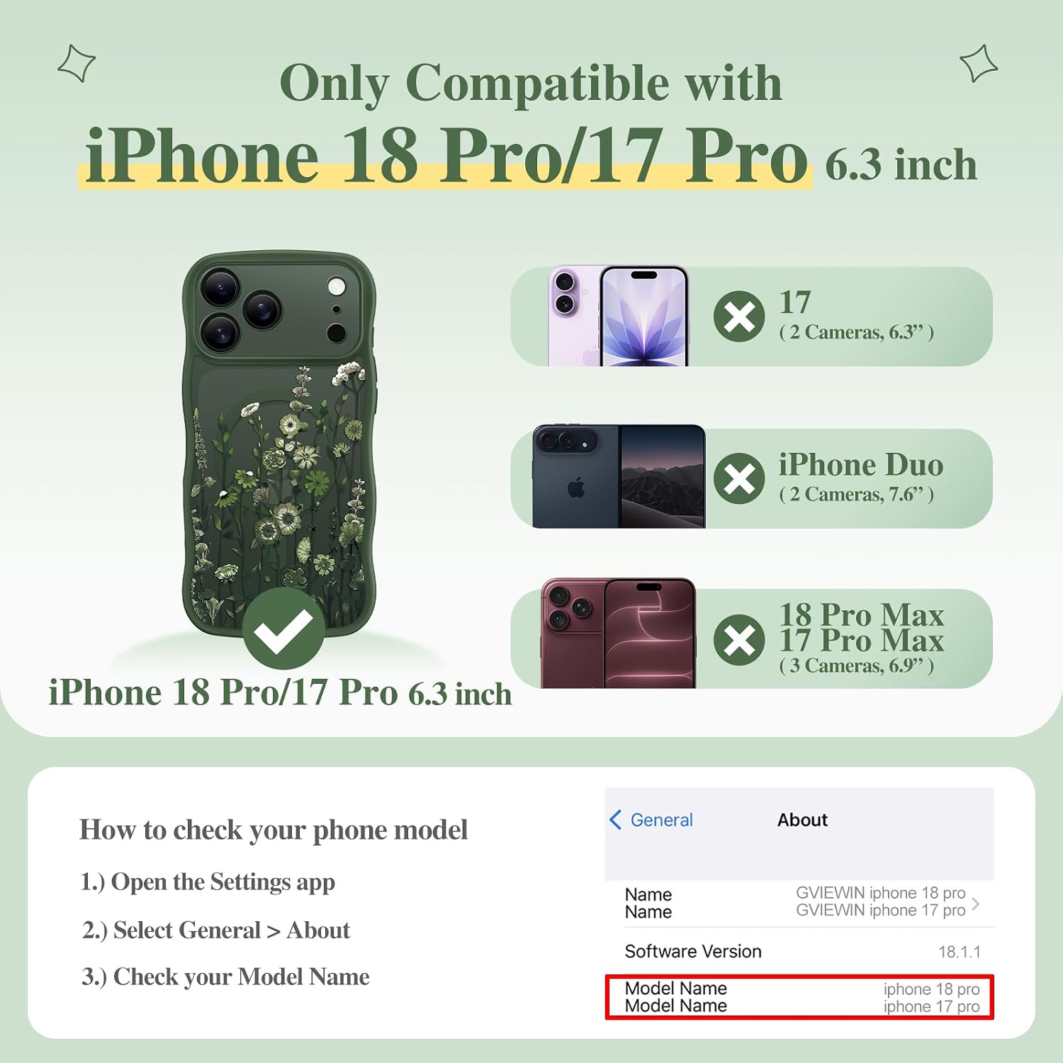 Detalle 2 de GVIEWIN Floral MagSafe Case for iPhone 18 Pro/17 Pro, Forest Green