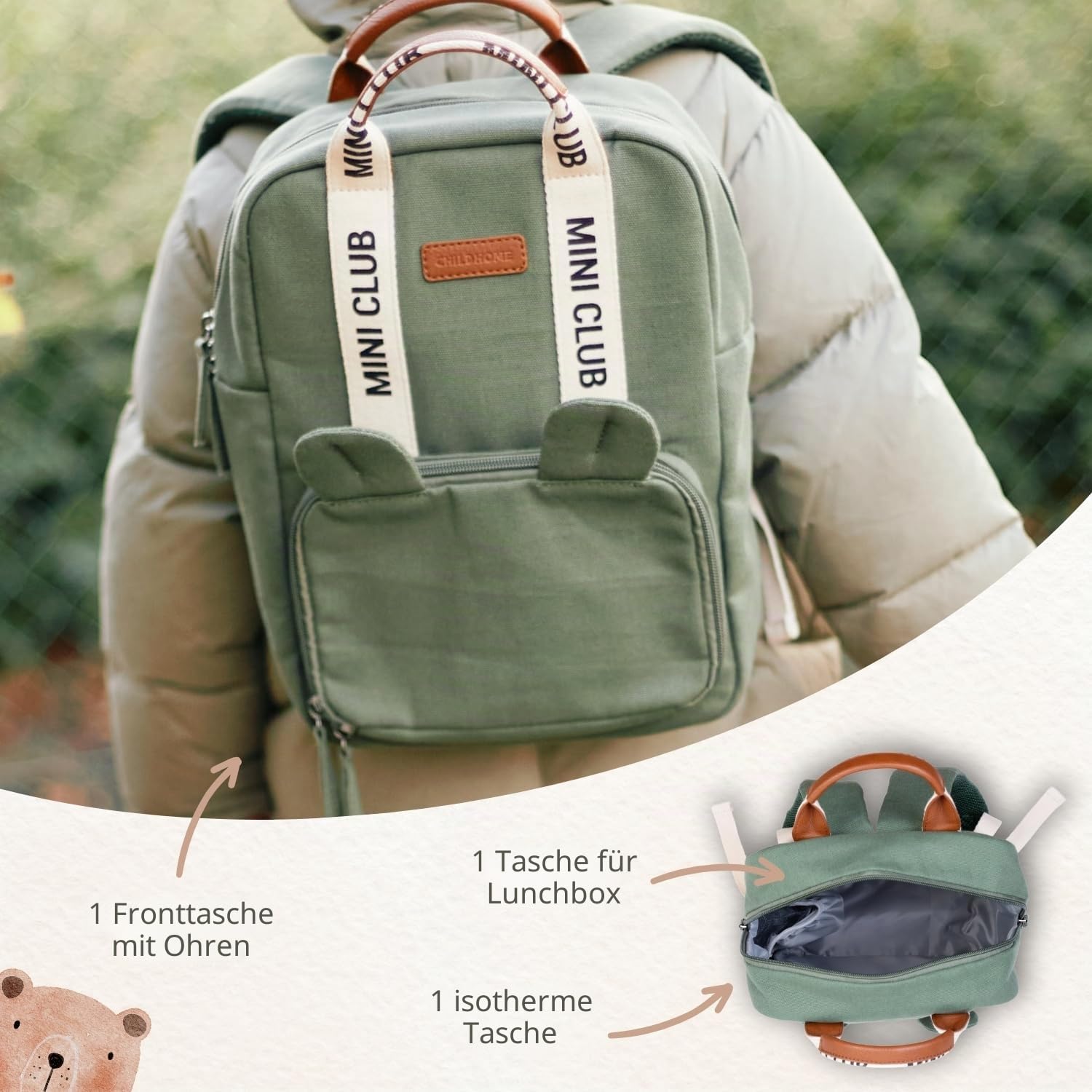 Detalle de CHILDHOME Mini Club Rucksack 7L Grün – Rucksack für Kindergartenkinder (23x10x32 cm)