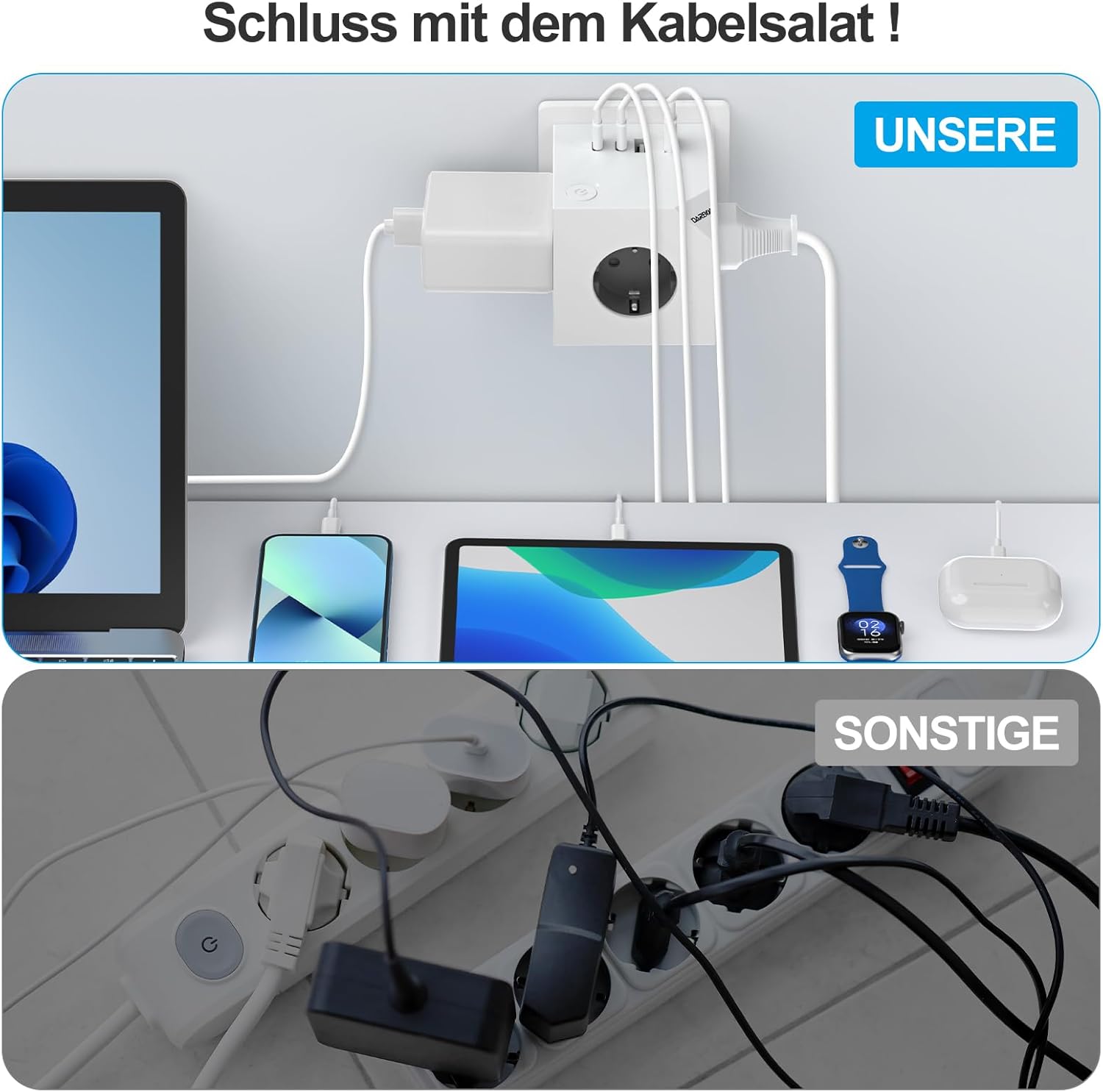 Thumbnail 4 de Steckdosenwürfel ohne Kabel – 3-fach Mehrfachsteckdose mit 2×USB‑C und 4×USB, Schalter & Schutz (3680 W, 16 A), weiß