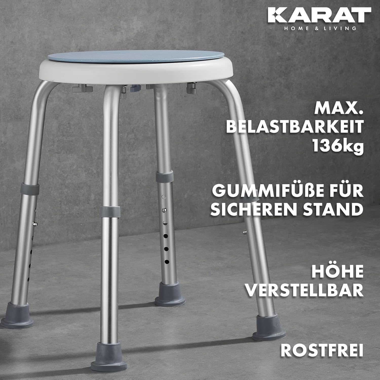 Thumbnail 3 de KARAT Duschhocker mit 360° Drehung, höhenverstellbar und rutschhemmenden Gummifüßen (bis 150 kg)