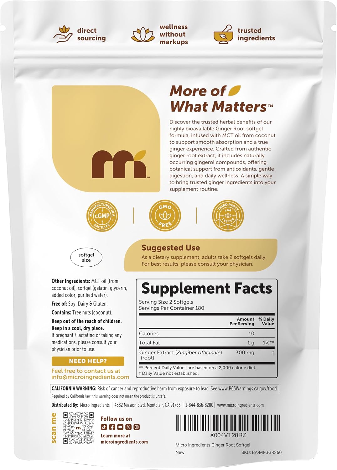 Detalle 2 de Micro Ingredients Ginger Root Softgels, 360 Count
