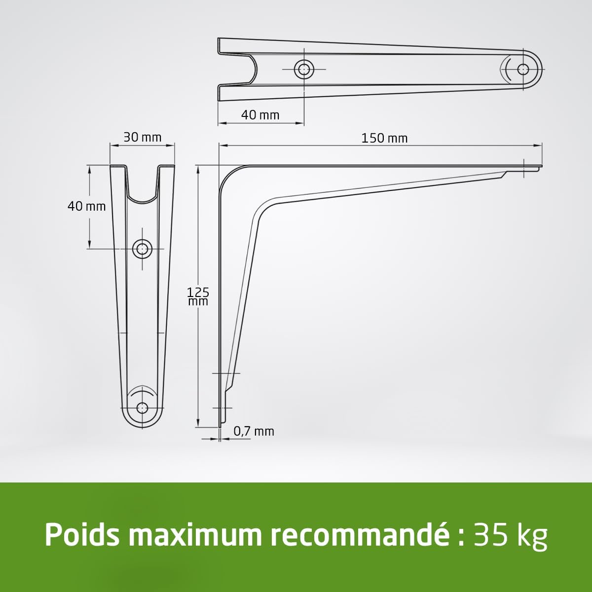 Detalle de AMIG - Support pour Étagère Murale en Acier 250x200 mm, Blanche, jusqu’à 35 kg