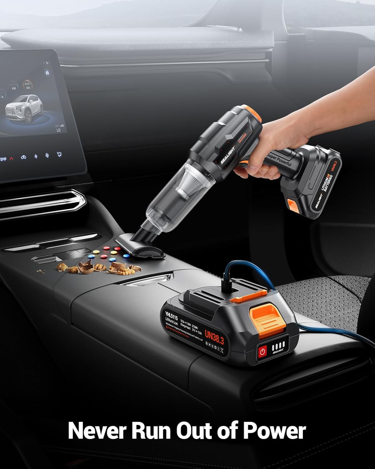 Detalle de SEALIGHT Aspirateur Voiture sans Fil 35000 Pa – 2 Batteries, sans Balai, Accessoires Complets