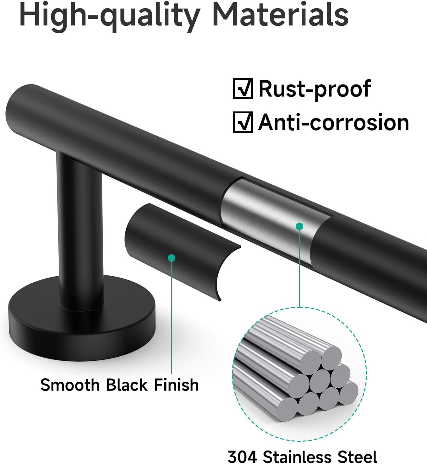 Detalle 2 de USHOWER 00BBA180_AM33US01 Bathroom Hardware Set, Matte Black, 24-Inch Towel Bar