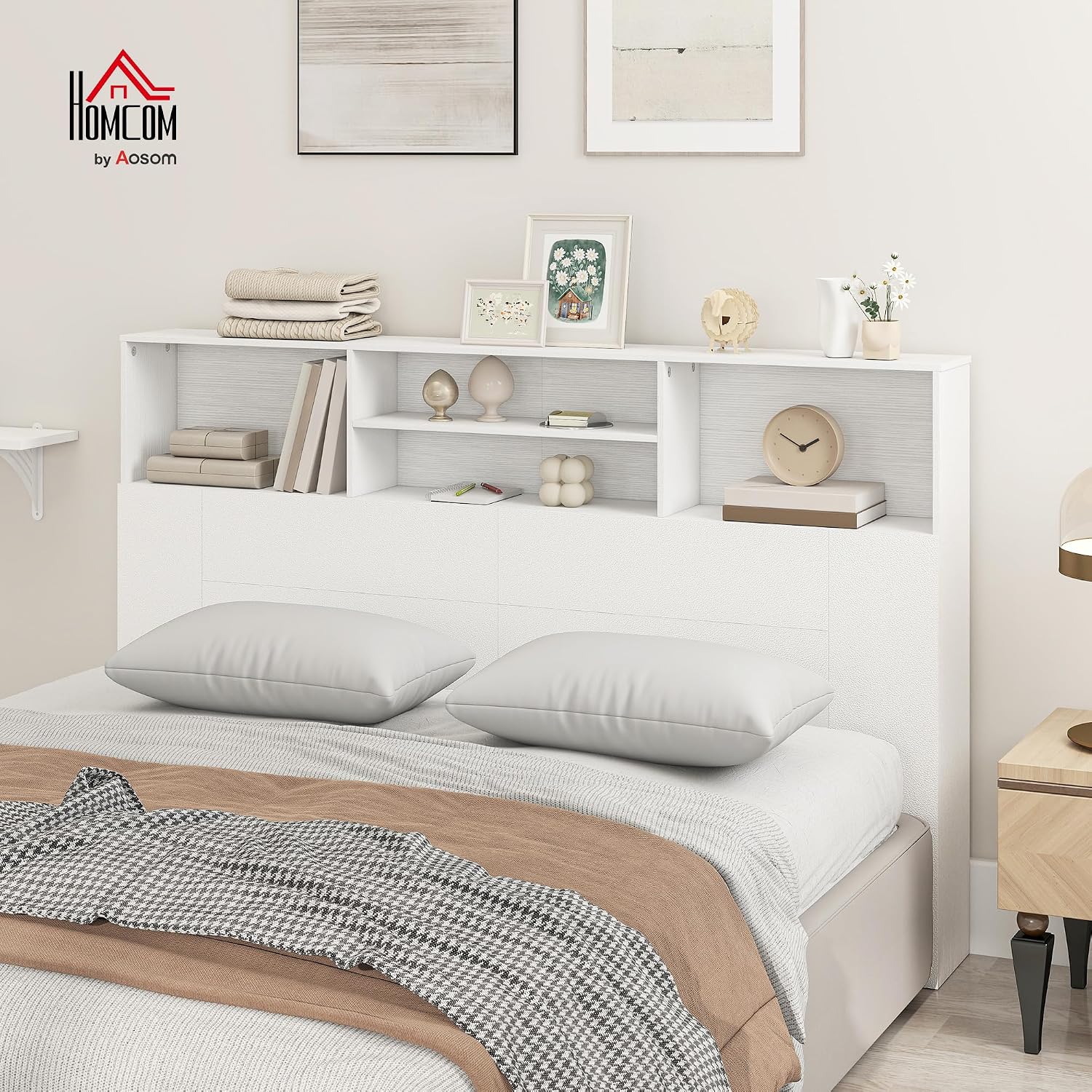 Thumbnail 1 de HOMCOM tête de lit sur pied 160 cm blanche avec 4 compartiments de rangement
