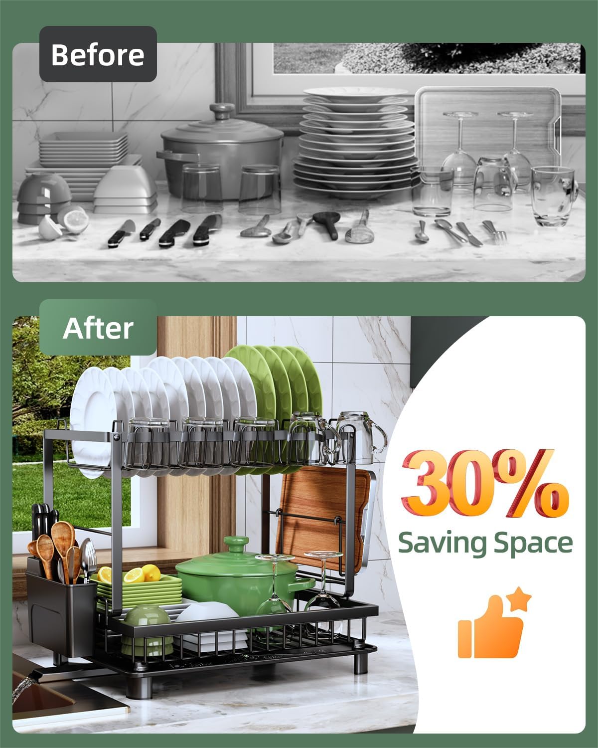 Detalle de Nfnoyp 2-Tier Dish Drying Rack with Rustproof Carbon Steel — Space-Saving Kitchen Drainer