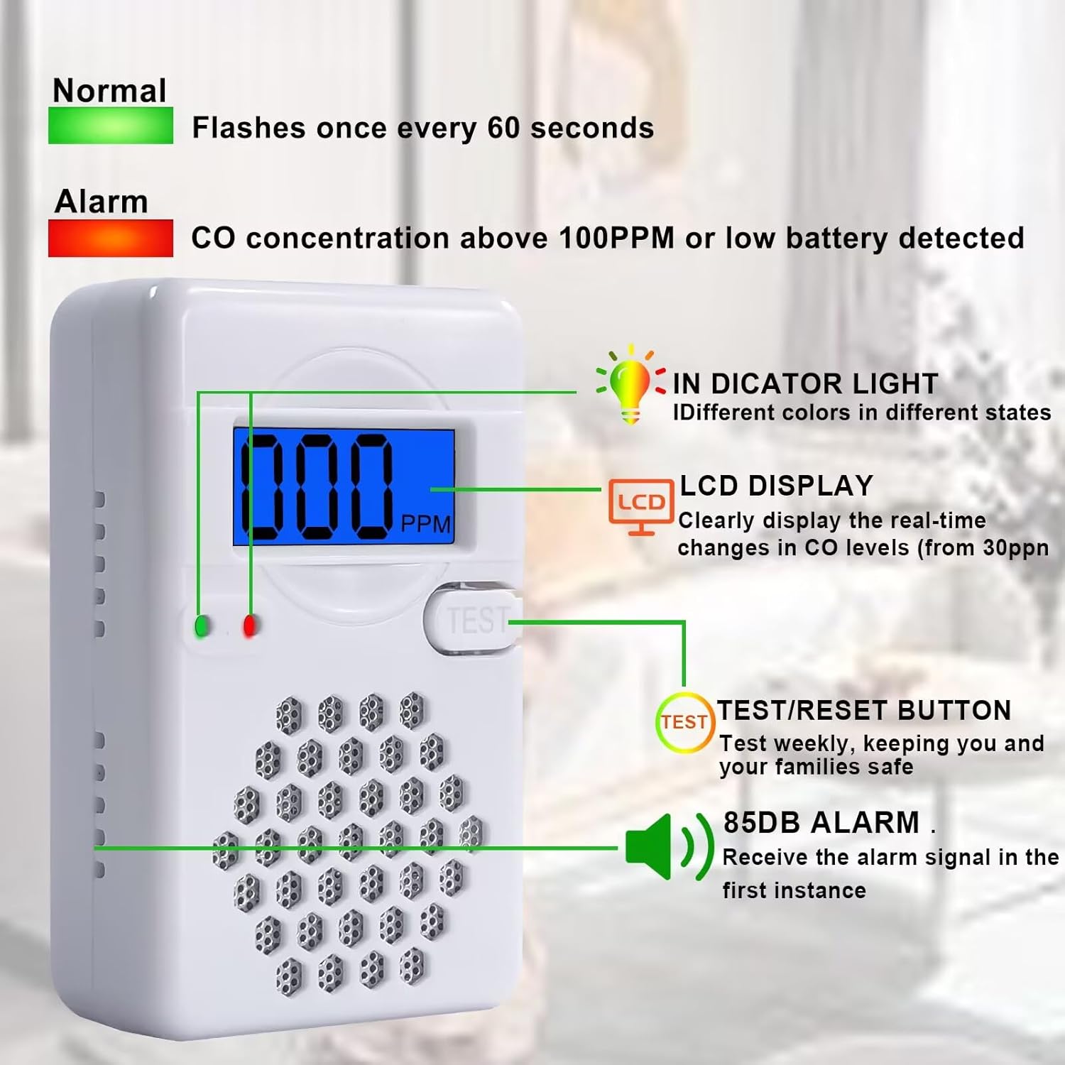 Detalle de Carbon Monoxide Alarm Detectors with Digital Display and Replaceable Battery – 85dB Portable CO Alarm for Home, Garage, Office, or RV