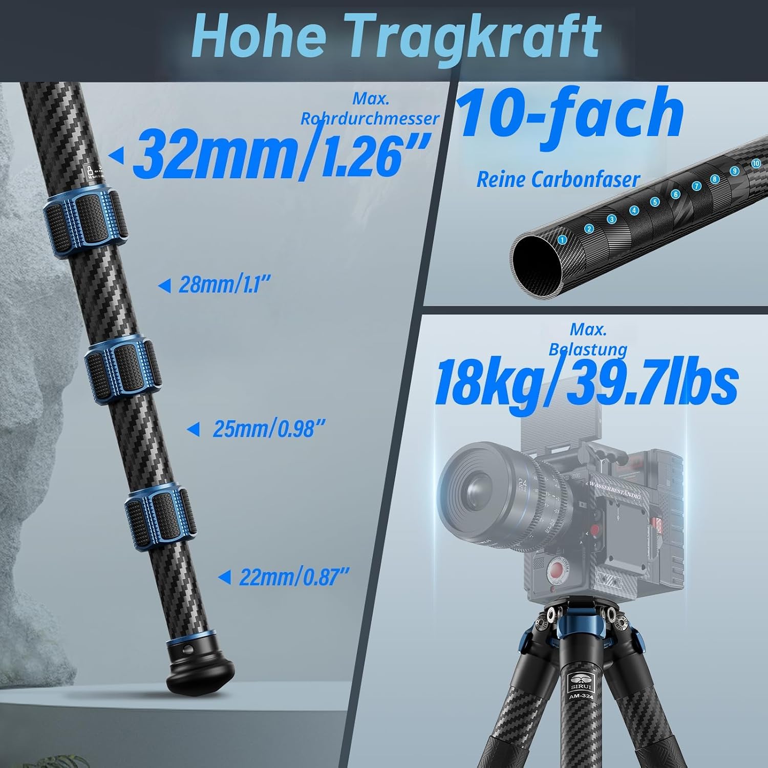 Detalle de SIRUI AM-324 Kohlefaser-Kamerastativ & Reisestativ (4 Sektionen) – belastbar bis 19 kg, ohne Mittelsäule