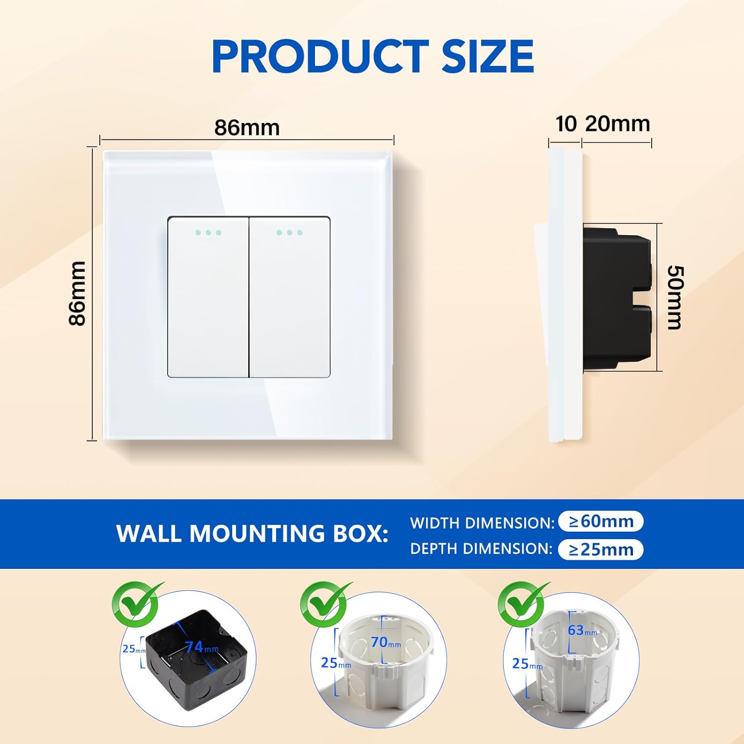 Detalle 2 de BSEED Interruptor de luz 2 Gang 2 Vías ⭕ Blanco, 16A